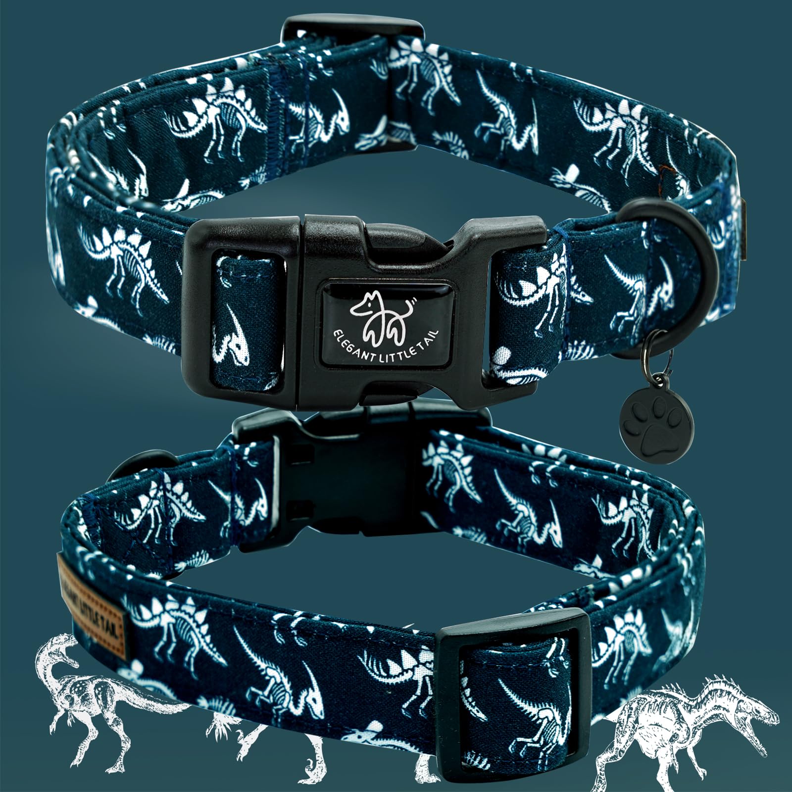 Elegant Little Tail Dog Collar, Dinosaurs Print Blue Puppy Male Adjustable Cotton Pet Collar With Quick Release Buckle For Small