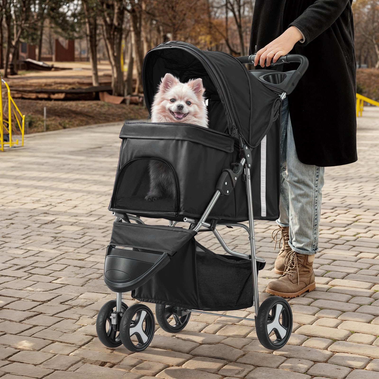 Monibloom Foldable Pet Stroller With Weather Cover, 3 Wheels Pet Strolling Cart For Small/Medium Dogs And Cats With Storage Basket And Cup Holder, Breathable And Visible Mesh For All-Season, Black