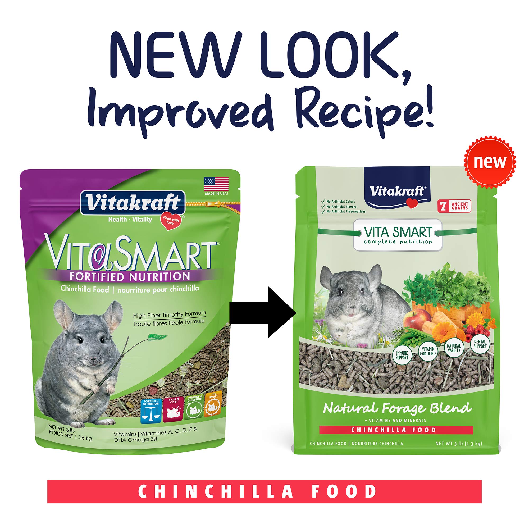 Vitakraft Vita Smart Chinchilla Food - Vitamin-Fortified Complete Nutrition - Natural Forage Blend - Timothy Hay Pellets for Chi