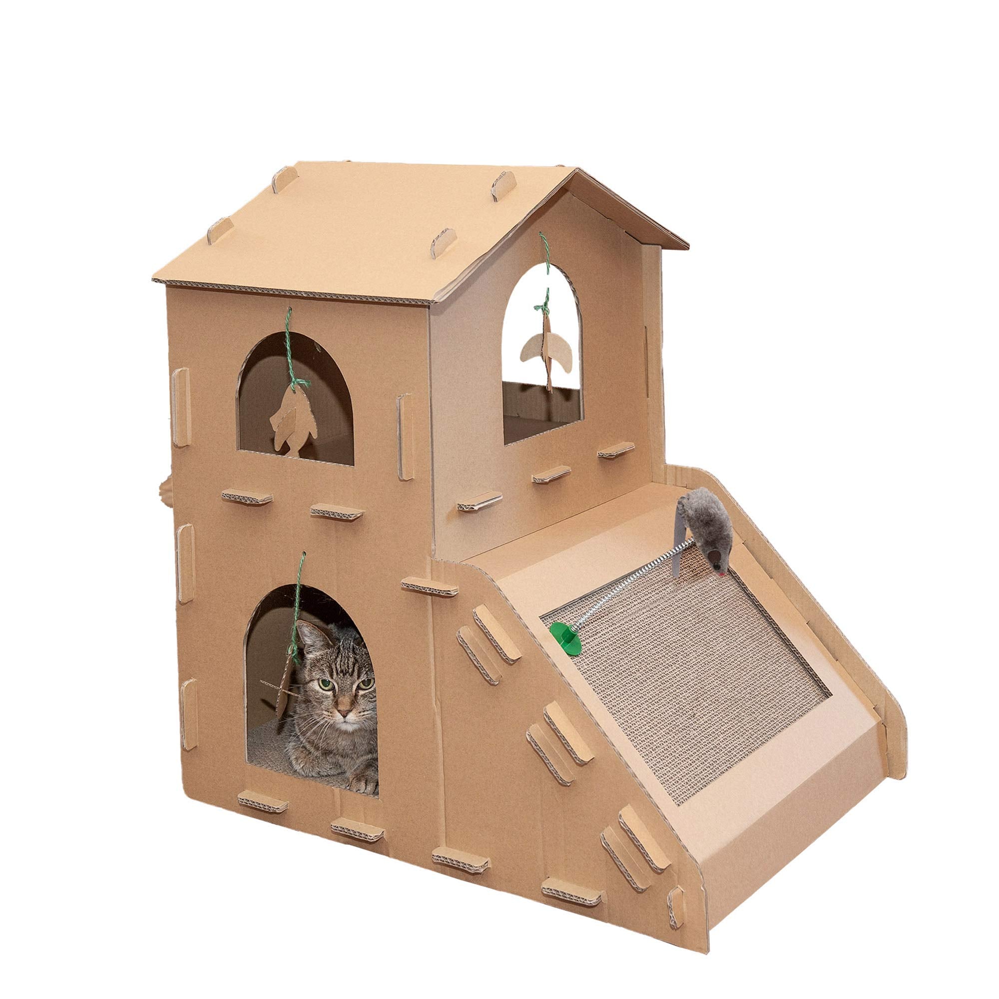 Furhaven Multi-Level Cardboard Cat House W/ Catnip For Indoor Cats, Ft. Scratching Pads & Toys - Townhouse Corrugated Cat Scratc