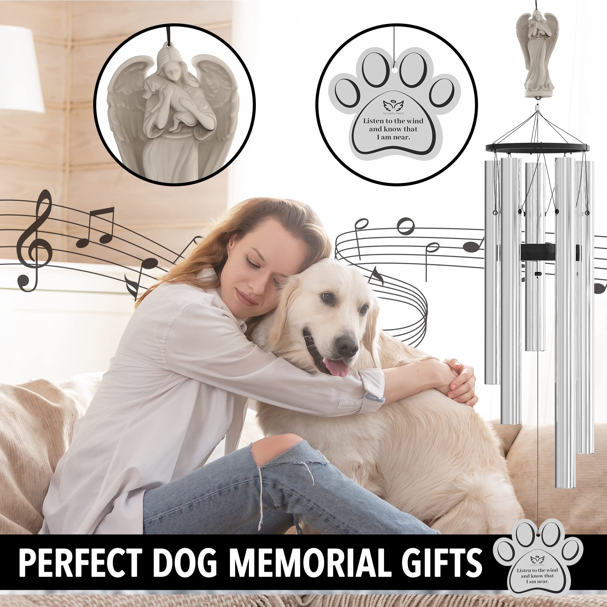 Sympathy Hearts Dog Memorial Wind Chime For Loss Of Dog - Dog Memorial Gifts For Loss Of Dog, 34'' Pet Memorial Wind Chimes For