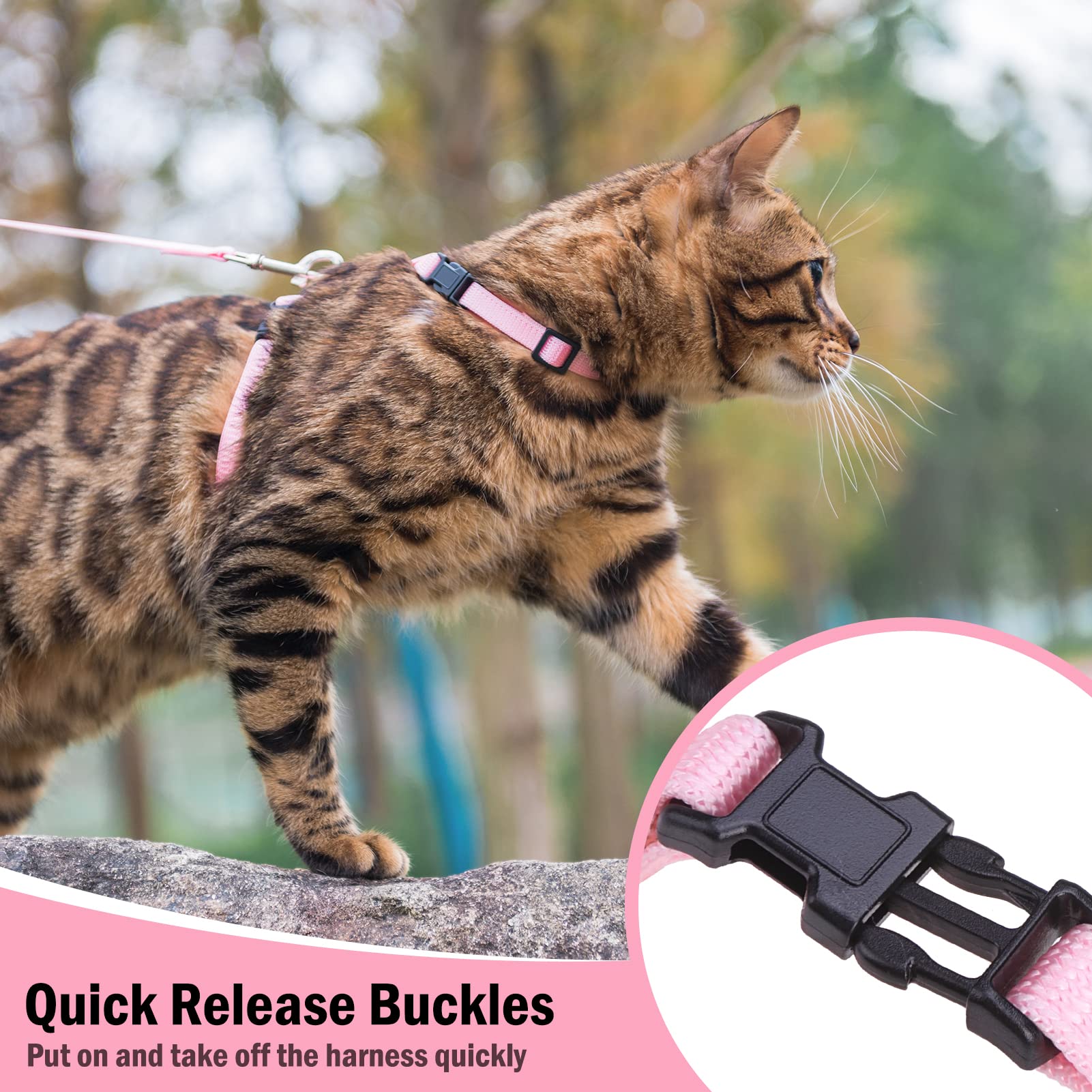 Pupteck Adjustable Cat Harness And Leash Set Escape Proof Kitten Strap Collar For Walking Travel, Light Pink