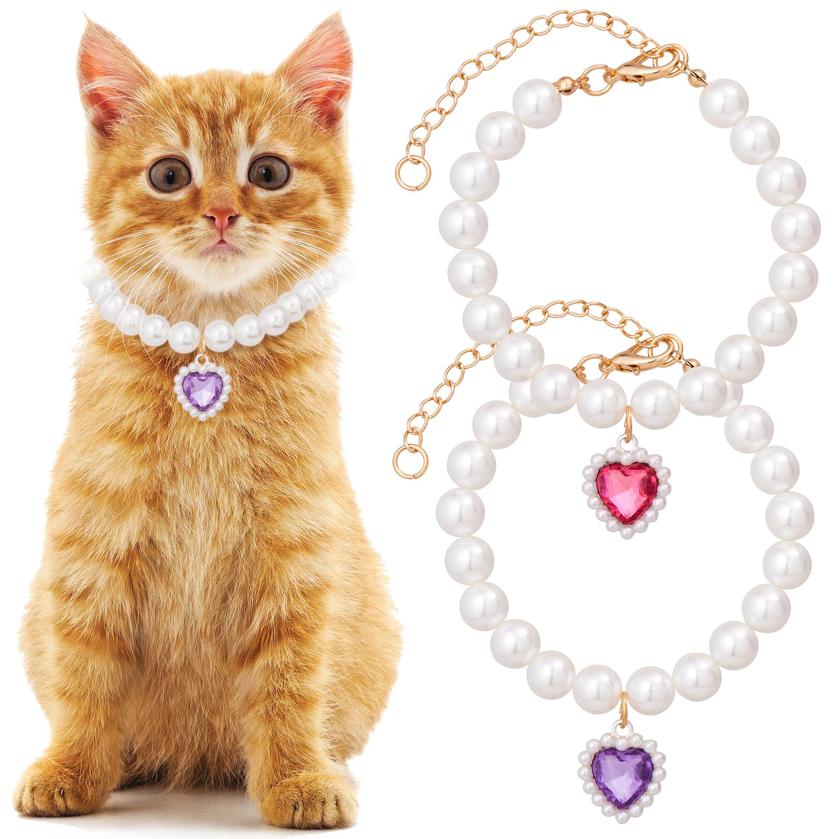 Mxxipp 2Pcs Cat Dog Pearl Collar, Small Heart Shape Rhinestone Pet Necklace, Adjustable Wedding Party Pet Jewelry Accessories Fo