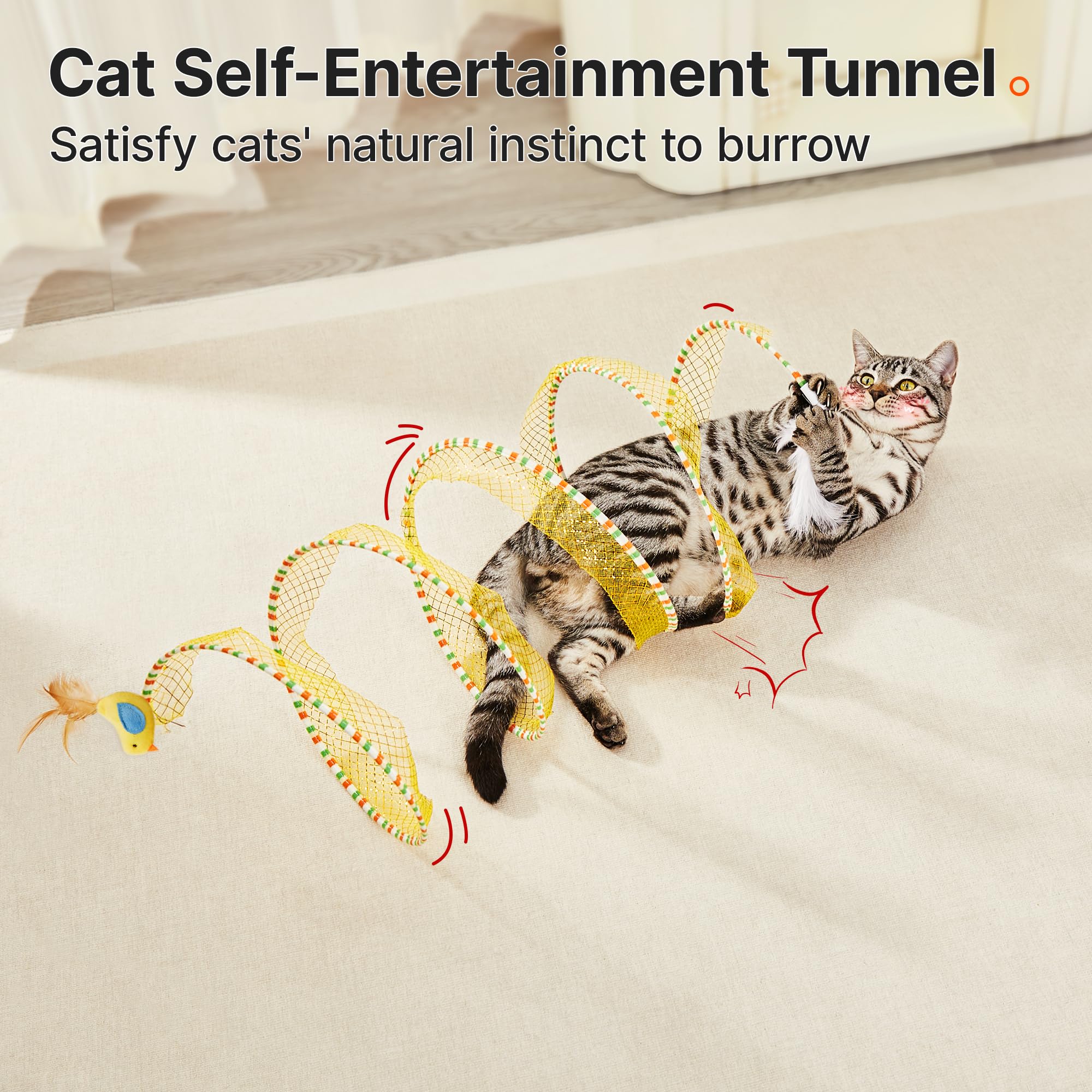 Potaroma Spiral Tunnel Cat Toy, Self Play Cat Play Spiral Kitten Collapsible Spring Tunnel Toy For Indoor Cats With Feather And