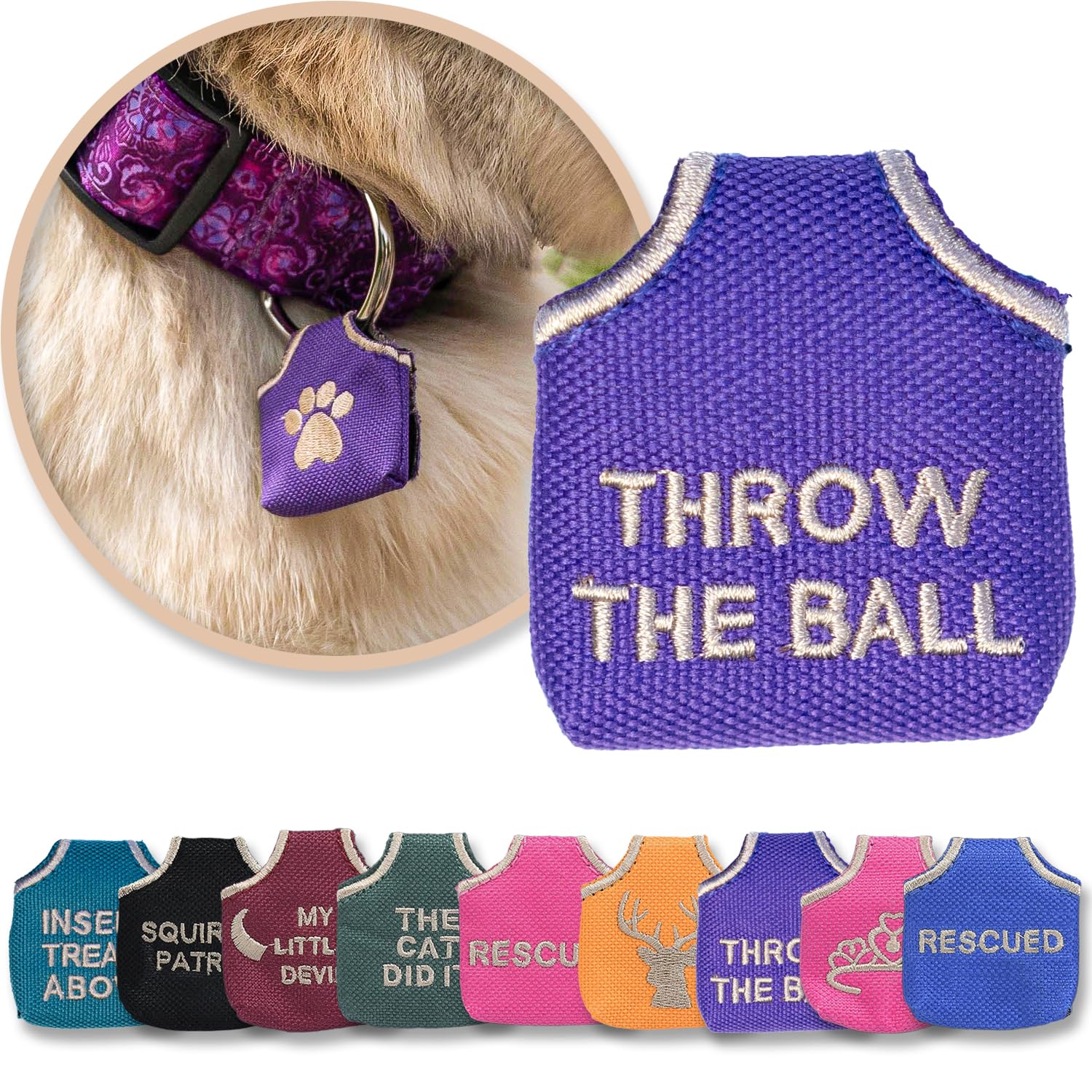 Woofhoofs Dog Tag Silencer, Quiets Dog ID Tags, for Dogs and Cats, Purple Throw The Ball, 1.75 x 1.75 x.25