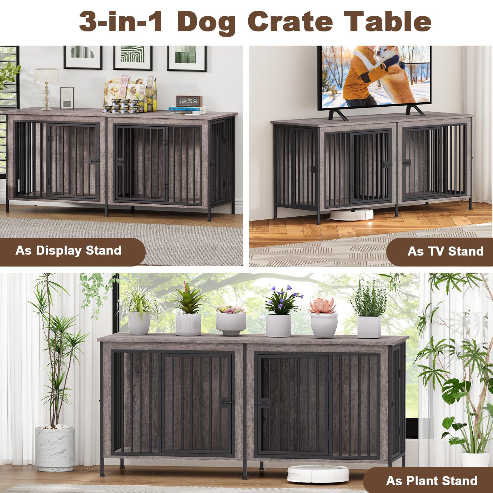 EasyCom 63 Dog Cage Furniture for 2 Pets with Divider, XL Wooden Double Dog Crate Furniture TV Stand for Mideum Breed, Durable a
