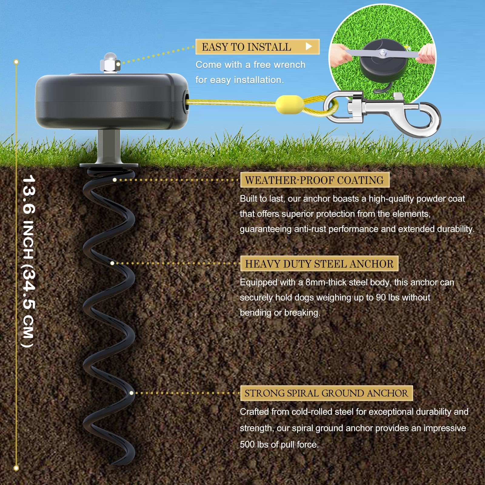 Dog Tie Out Cable and Stake 360 No Tangle Heavy Spiral Yard Stake and Retractable Dog Leash for Dogs Up to 10-90 lbs, 30ft Dog C