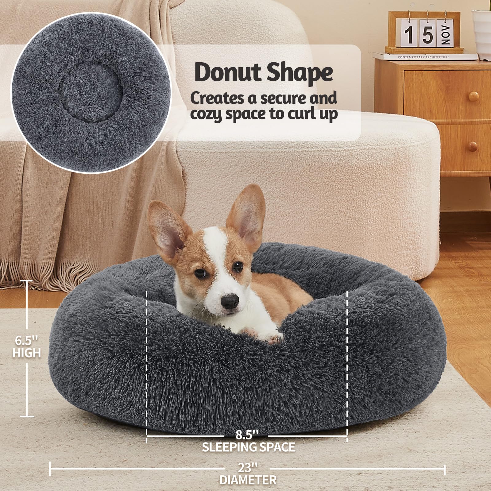 Ohgeni Calming Donut Dog Bed Pillow For Small Medium Pets, Machine Washable Removable Cover, Comfort Plush Fluffy Faux Fur With Anti-Slip Bottom, Cats-Friendly Round Cuddly Design, Gray, 23 Inches