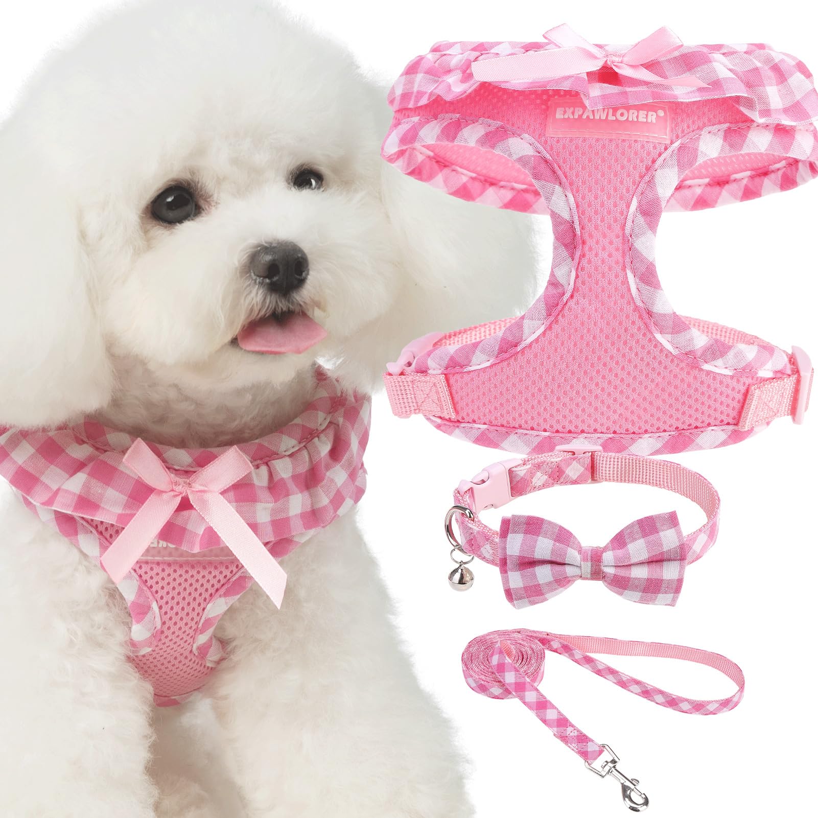 EXPAWLORER Cute Dog Harness Collar Leash Set - Pink Girl Dog Harness Checkered Step-in Design, Detachable Bow Pet Collar, Adjust