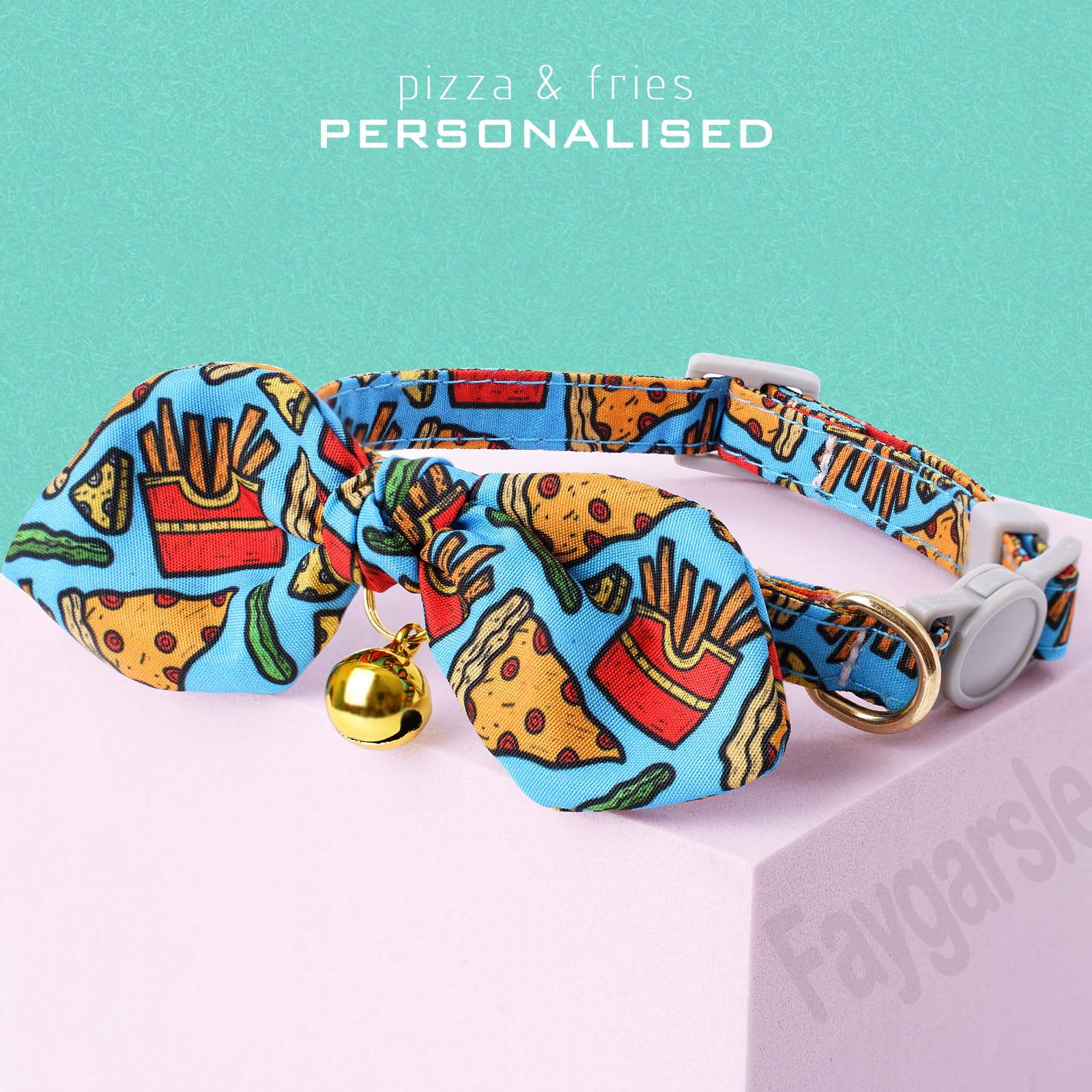 Faygarsle 2 Pack Breakaway Cute Cat Collars With Bow Ties Pattern With Pizza Snacks For Female And Male Cats