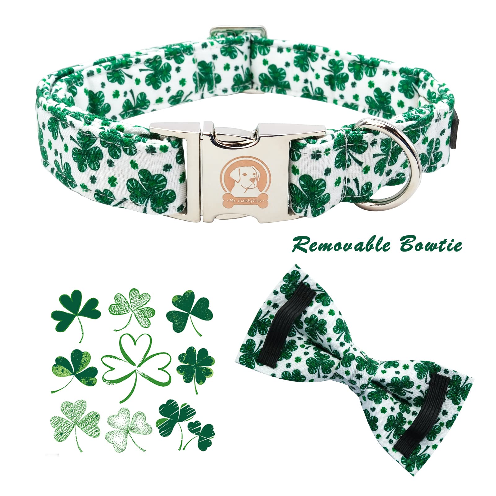 Mr. Chubbyface St.Patrick'S Day Green Clovers Dog Collar Adjustable Dog Collar Bow Tie For Small Medium Large Dogs