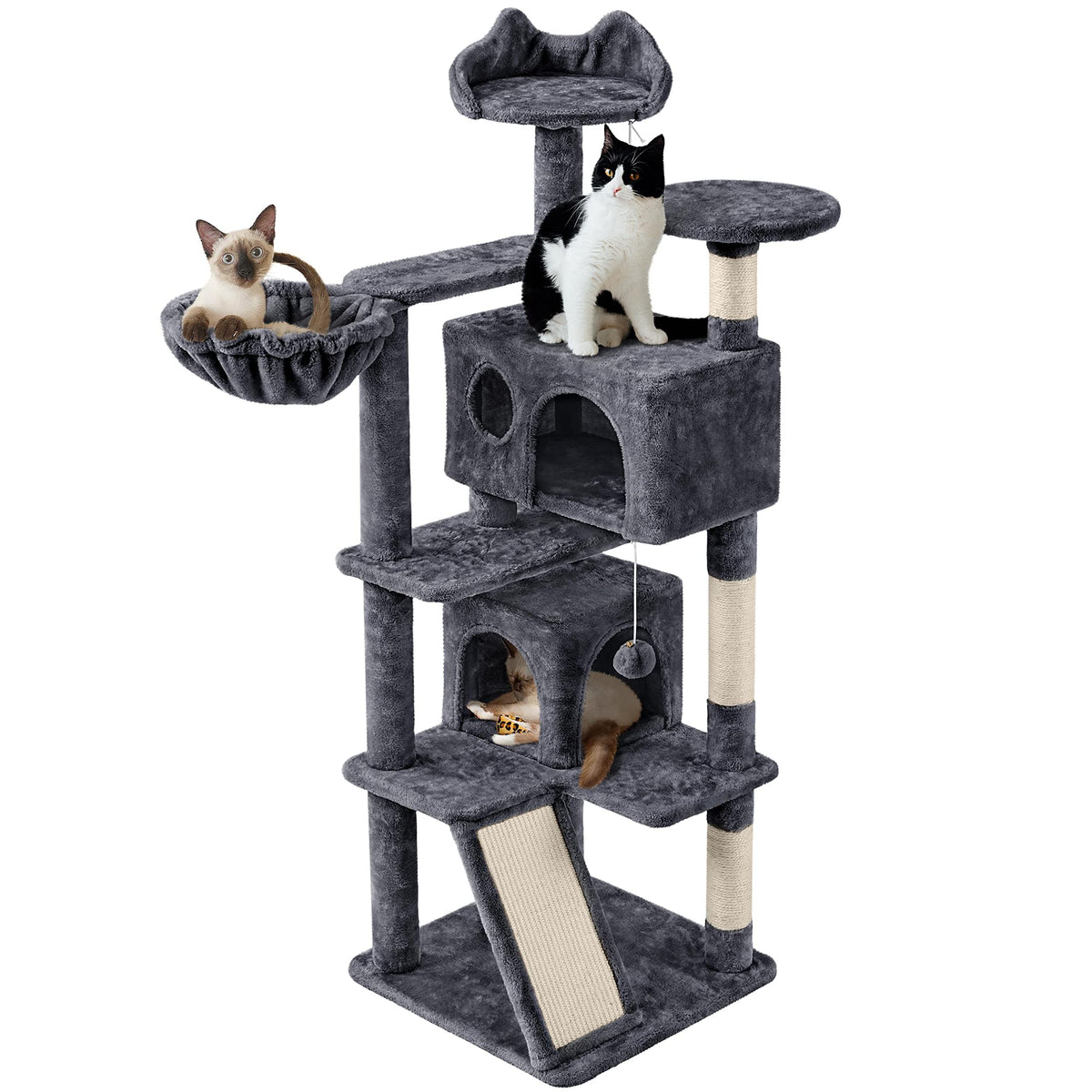 Yaheetech 57 Inches Cat Tree For Indoor Cats, Multi-Level Cat Tower W/ 3 Padded Perches, 2 Cat Condos, 2 Hanging Balls And Scratching Posts, Dark Gray