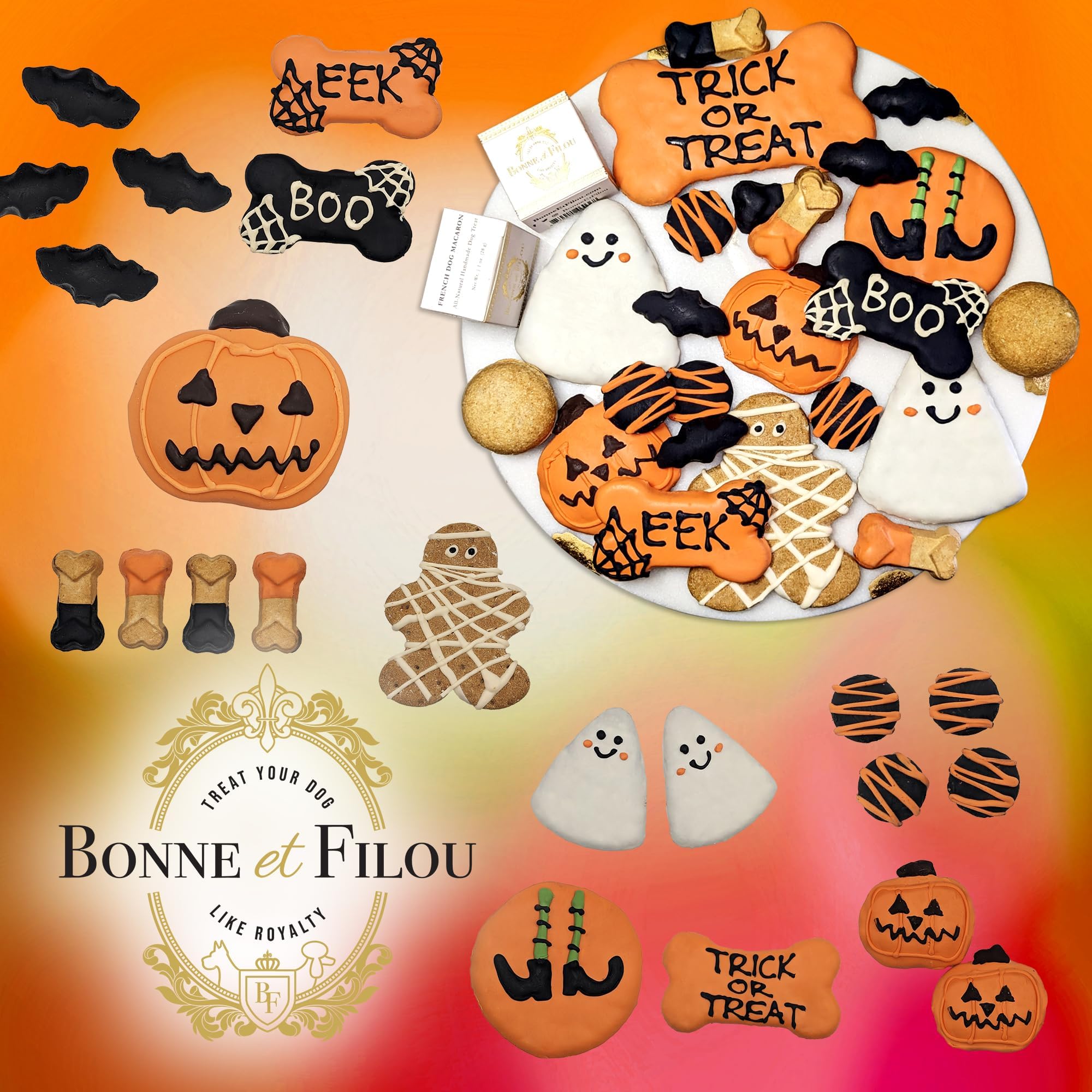 Bonne et Filou Halloween Dog Treats Gift Box Human Grade Gourmet Dog Treats 23 Luxury Spooky Dog Treats Delights with Macarons,