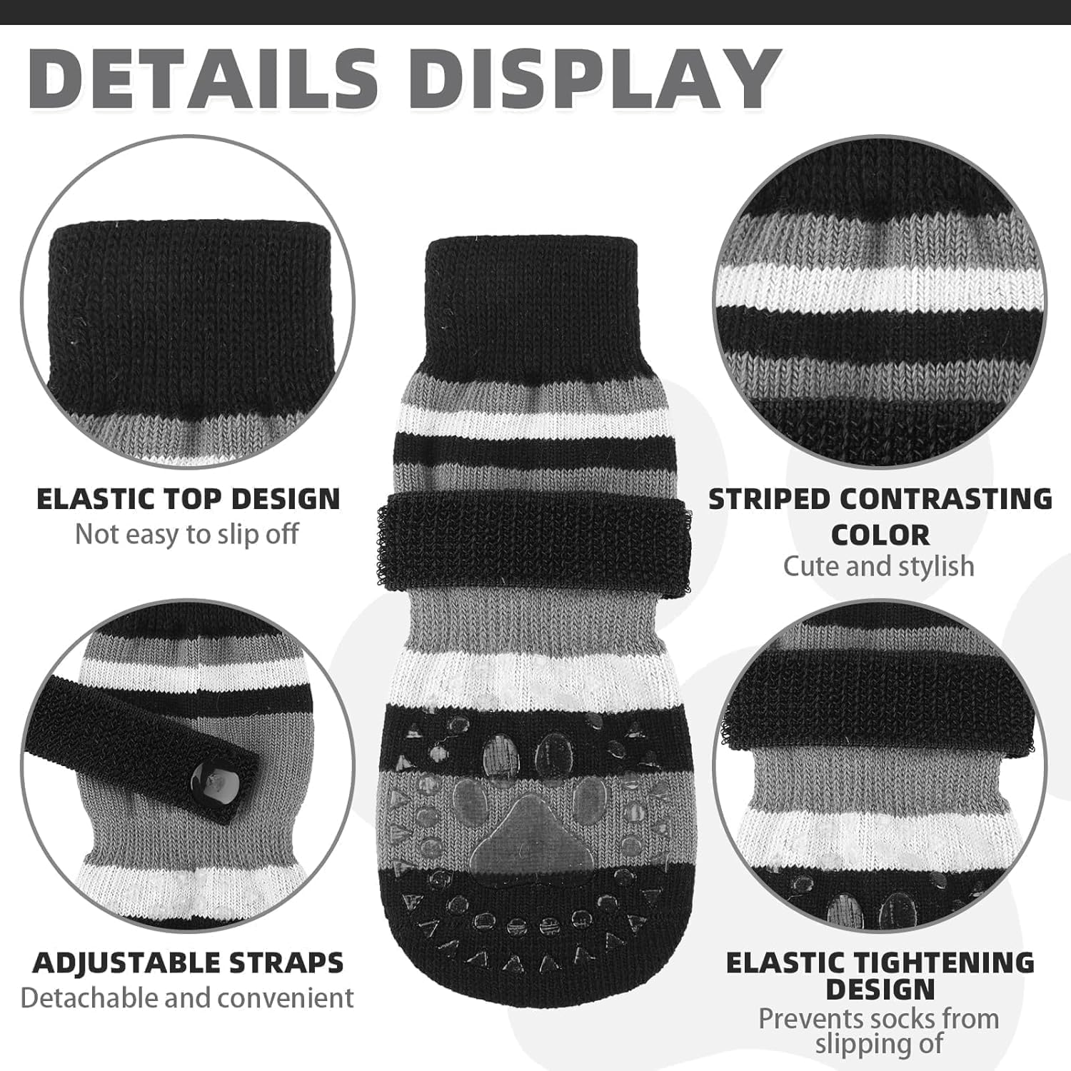 KOOLTAIL Anti Slip Dog Socks to Prevent Licking Paws with Grippers, 3 Pairs Paw Protector with Adjustable Straps, Double Sides S