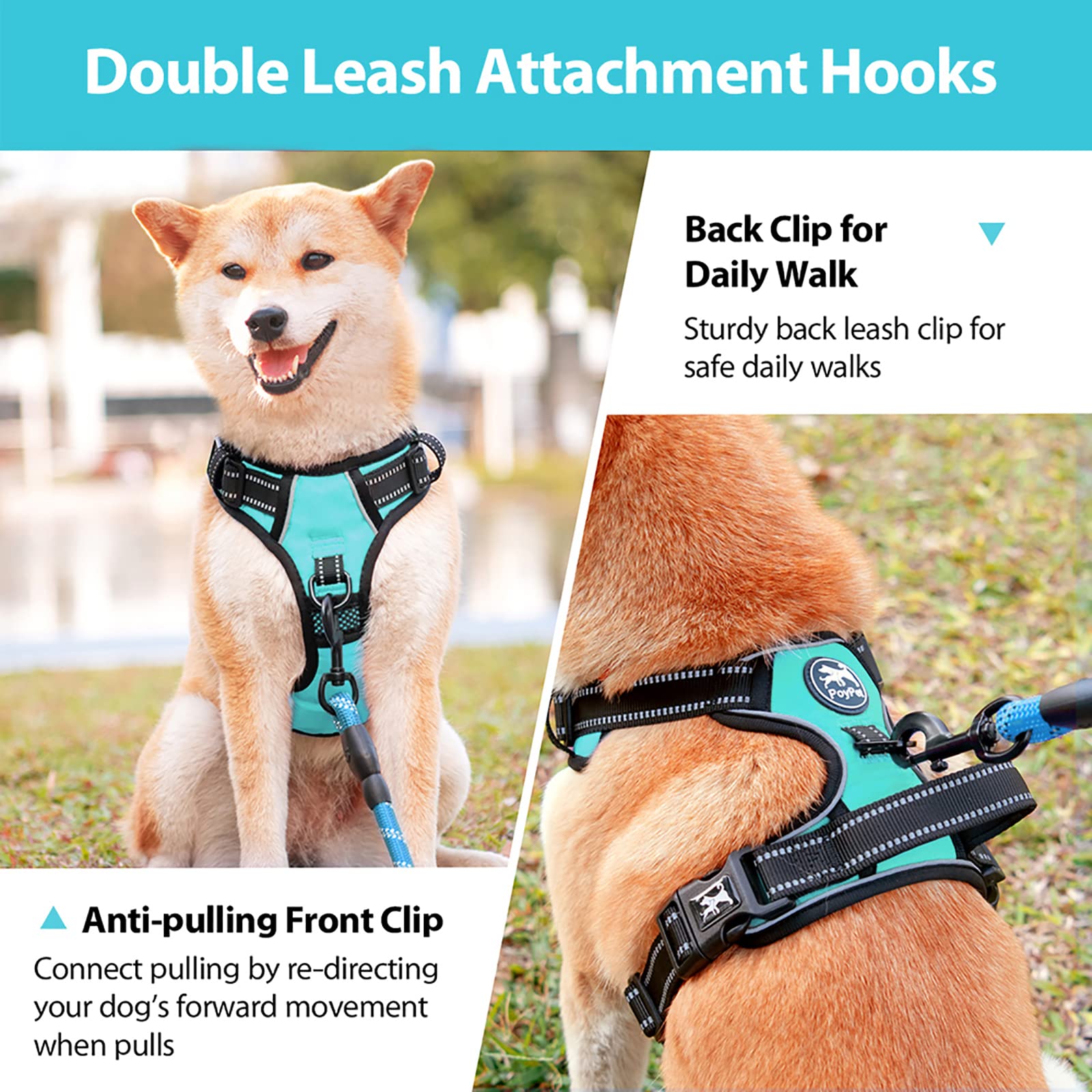Poypet Dog Harness No Pull, Reflective Adjustable No Choke Pet Vest With Front & Back Clips, Soft Padded And Control Training Handle For Large Dogs(Mint Blue,Xl)