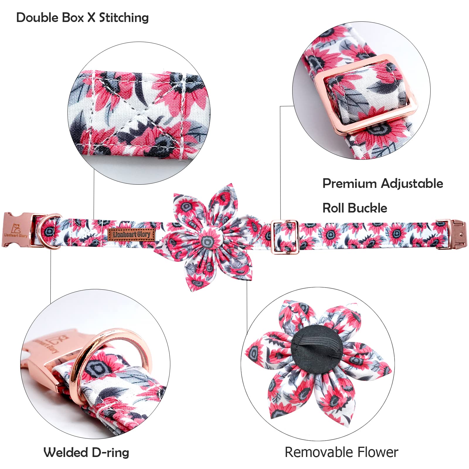 Lionheart glory Dog Collar with Flower Pink Dog Collars for Female Dogs Soft Durable Adjustable Puppy Gift Collar Bows Spring Co