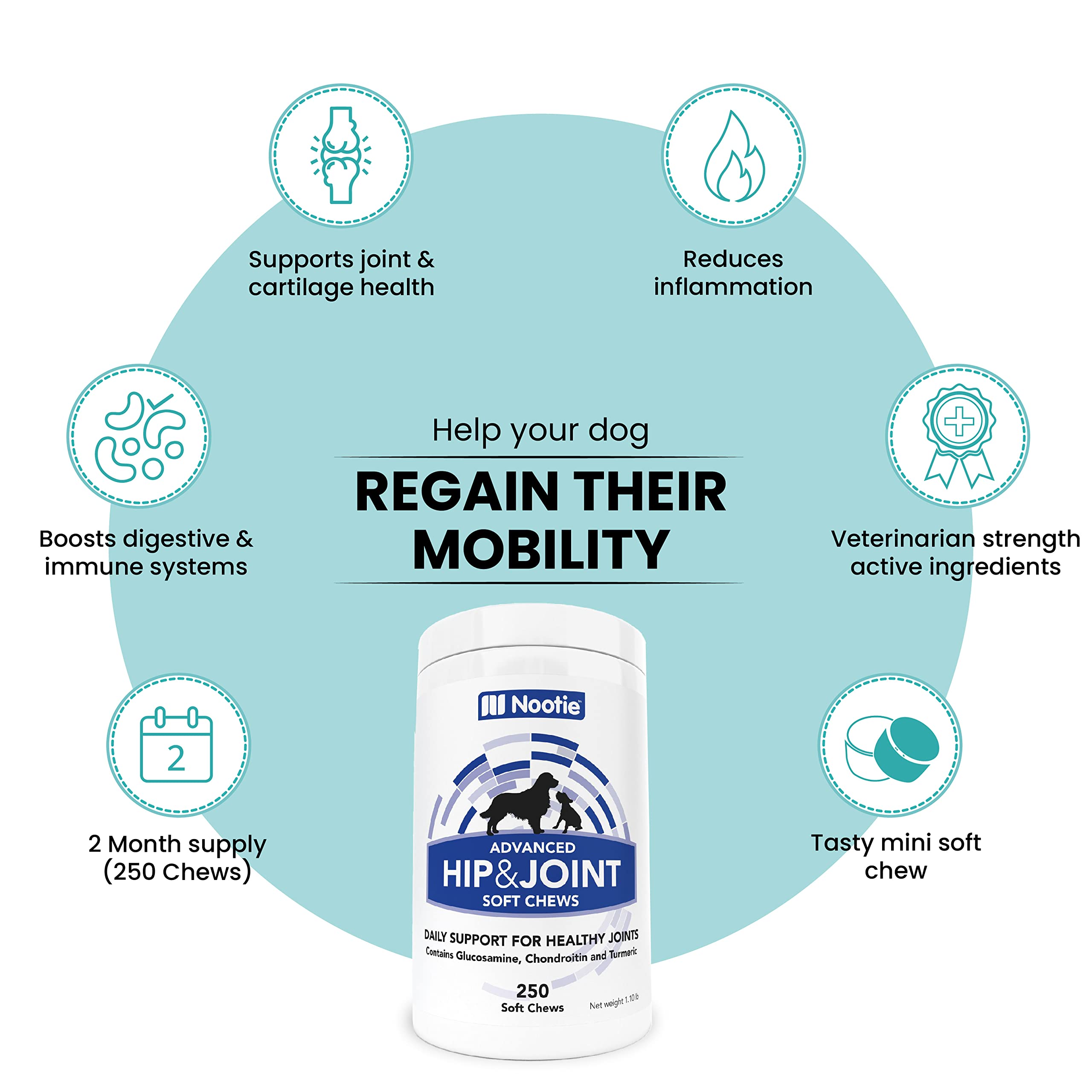 Nootie Glucosamine for Dogs - 250 ct - Hip and Joint Soft Chews Supplement for Dogs - Daily Dog MSM Chondroitin Chews with Turme