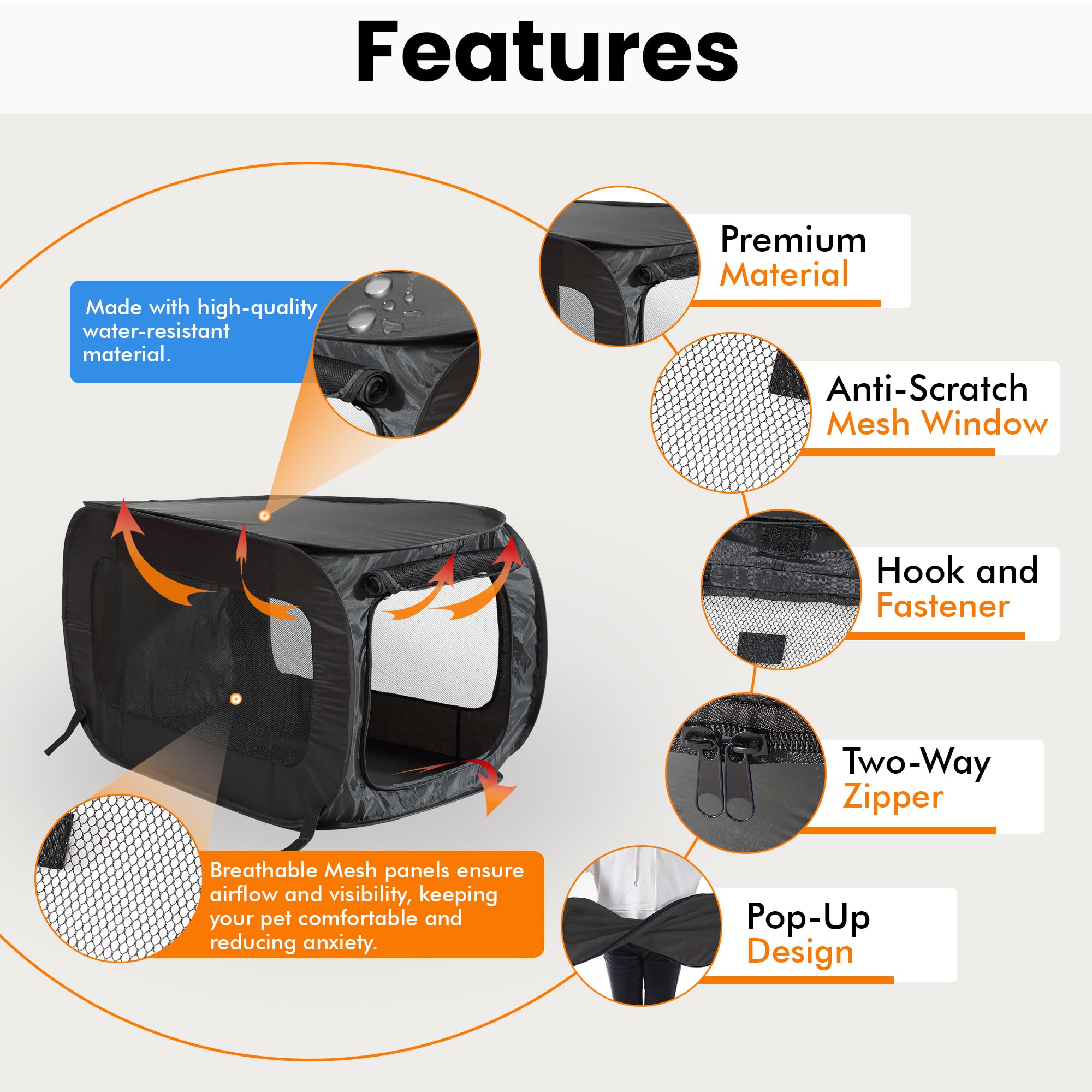 Beatrice Home Fashions Portable, Collapsible, Pop Up Kennel Travel Cat and Dog Crate, 32.5 L x 19.5 W x 19.5 H, Black