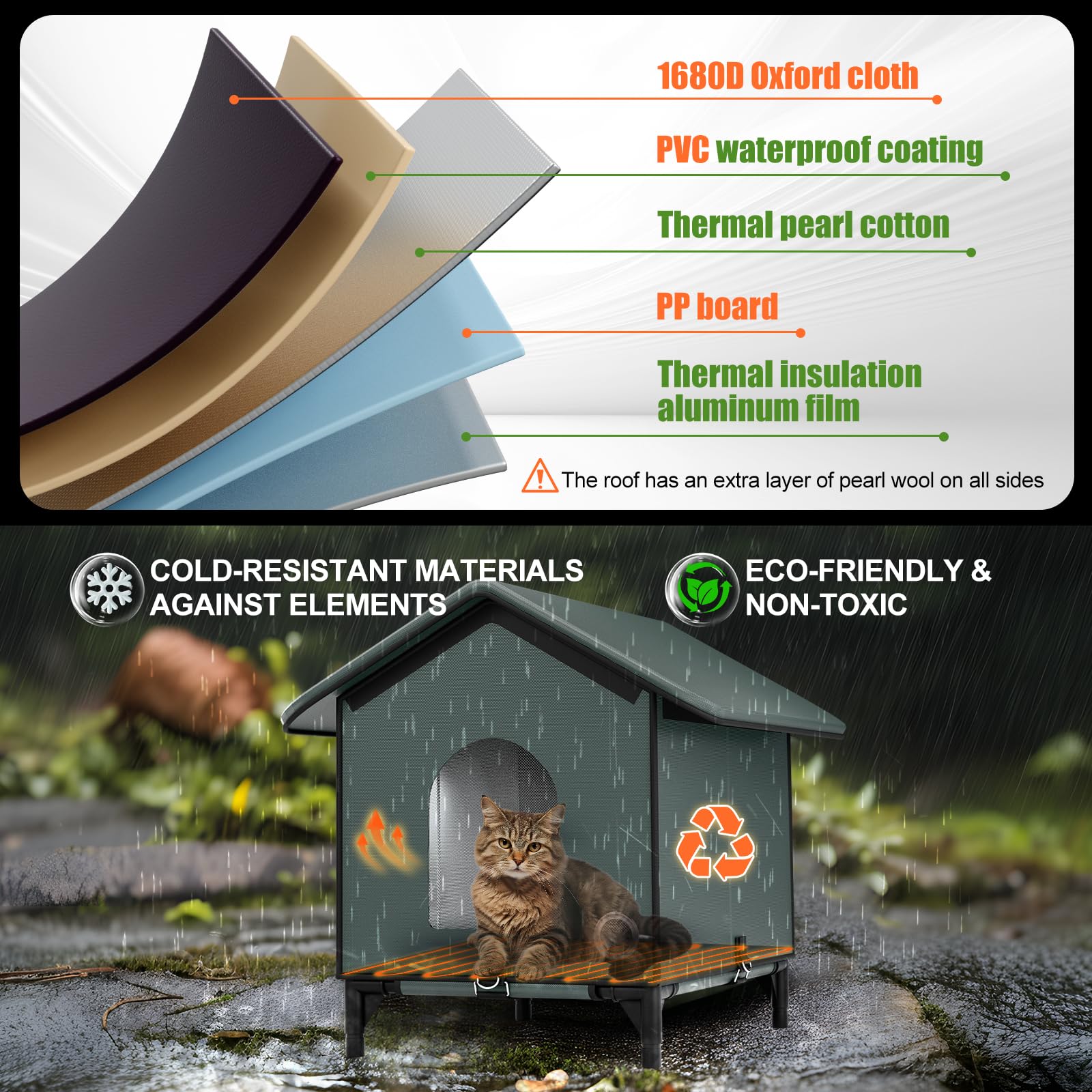 Large Size Heated Cat House For Outside, Outdoor Cat House For Winter Insulated Waterproof With Pet Heating Pad Suitable For Str