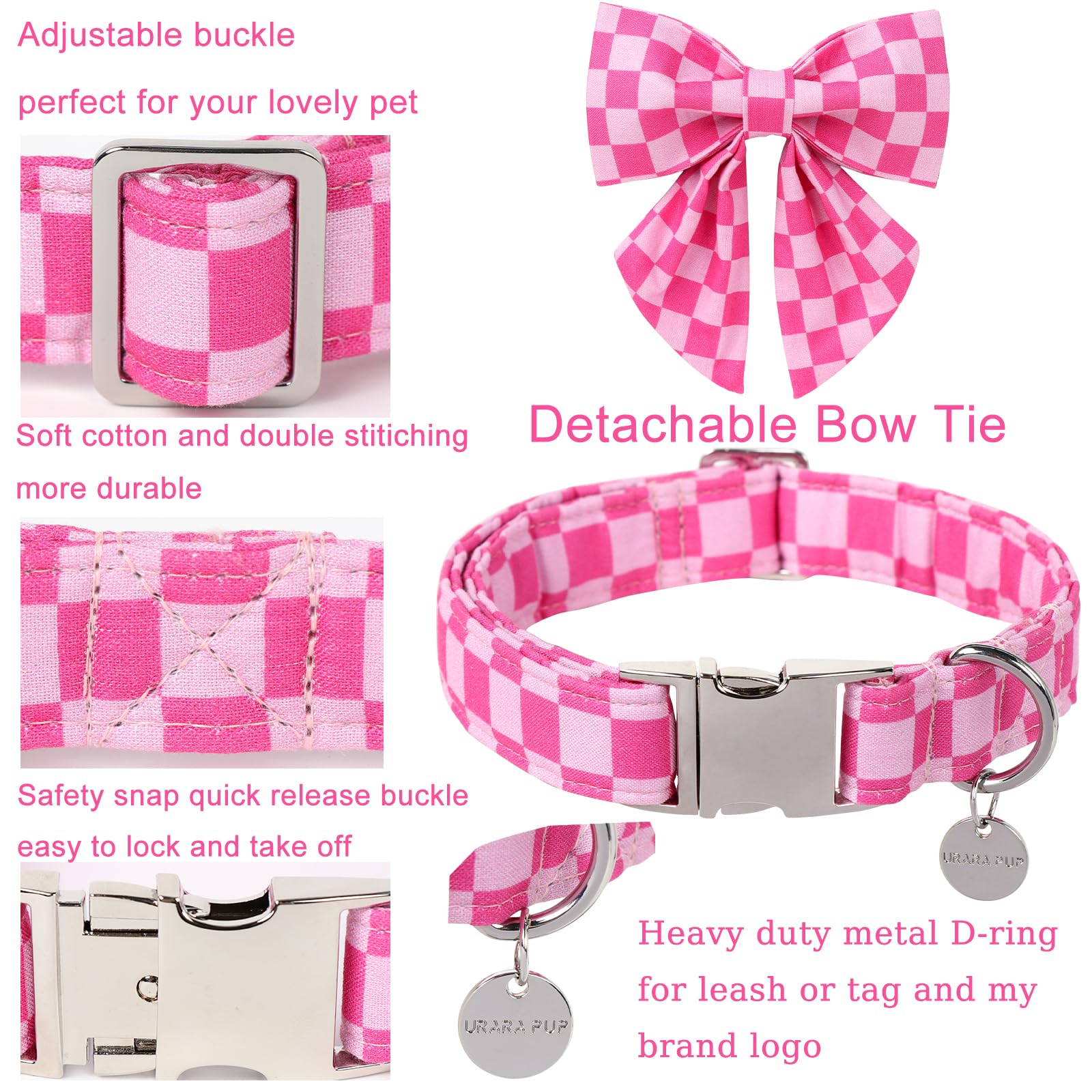 Dog Collar with Bow Tie,UP URARA PUP Pink Plaid Bowtie Dog Collar, Summer Bowtie Collar for Puppy Boy Girl Dog, Comfortable Cott
