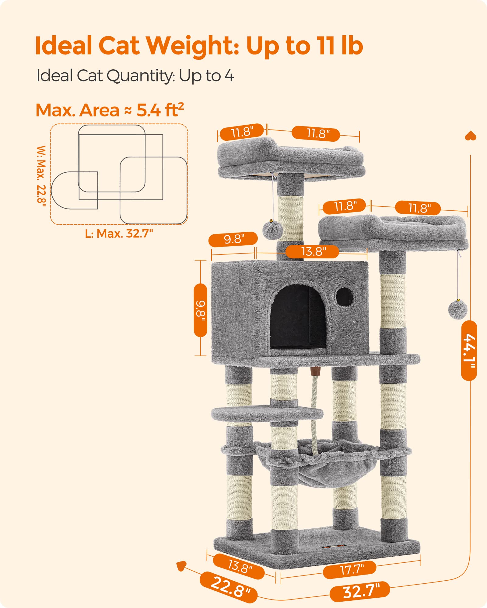 Feandrea Cat Tree, 44.1-Inch Cat Tower For Indoor Cats, Multi-Level Cat Condo With 11 Scratching Posts, 2 Perches, Cave, Hammock, Light Gray Upct215W01