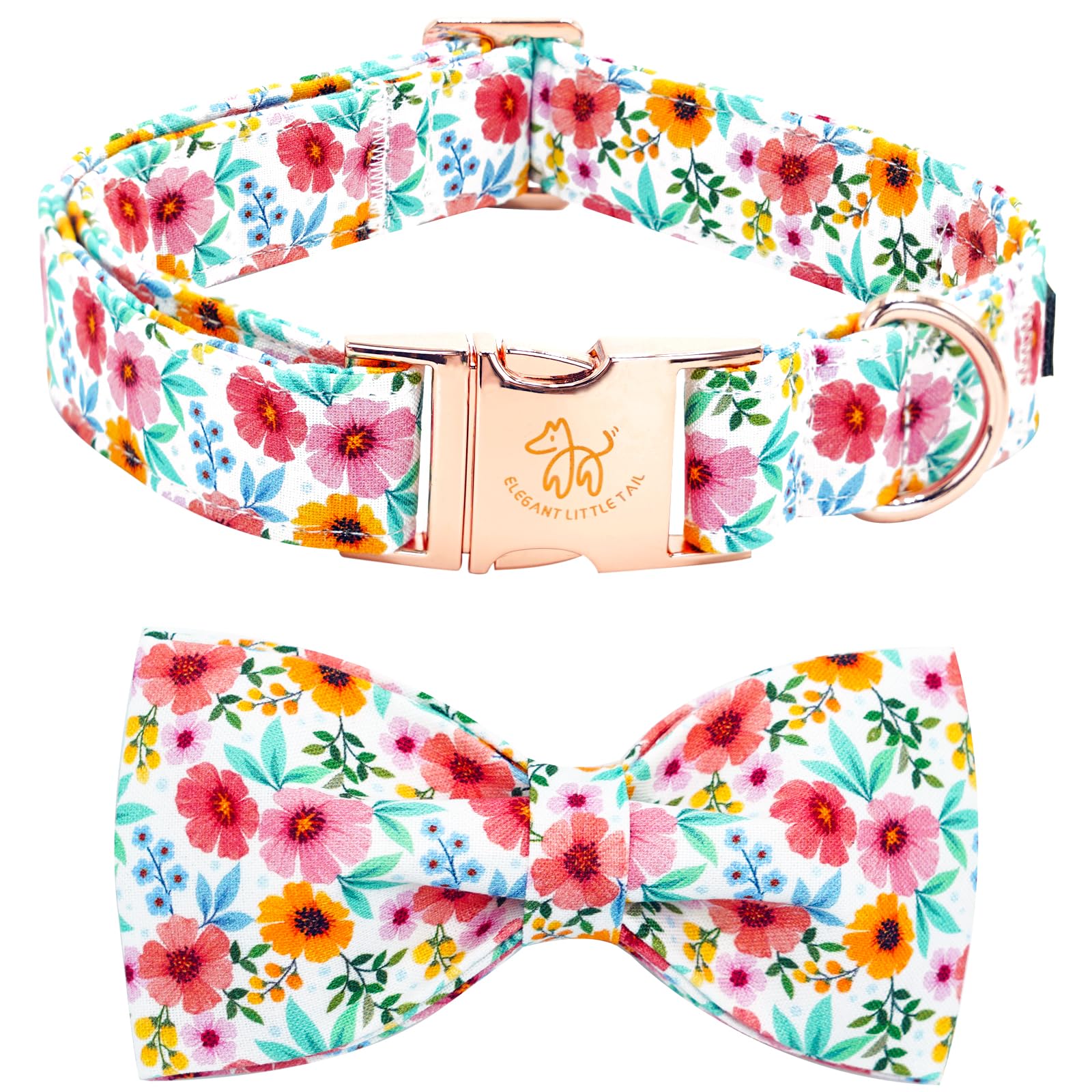 Elegant Little Tail Dog Collar- Cute Floral Dog Collar With Bow For Medium Dogs, Female Adjustable Cotton Summer Pet Bow Holiday