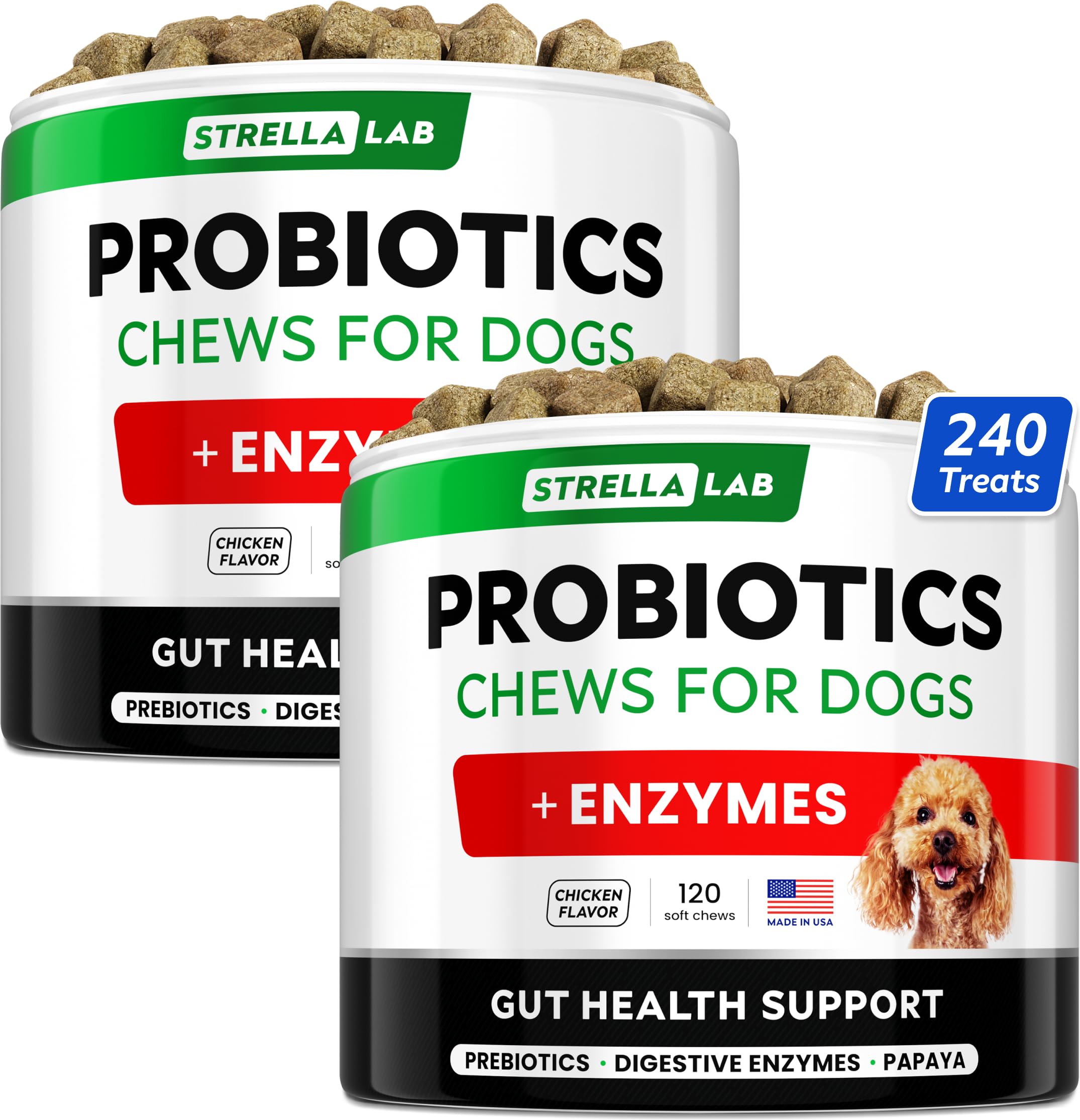 STRELLALAB Pet Probiotics for Dogs & Digestive Enzymes - Digestion & Gut Health Treats, Dog Probiotics Chews, Fiber Supplement, 