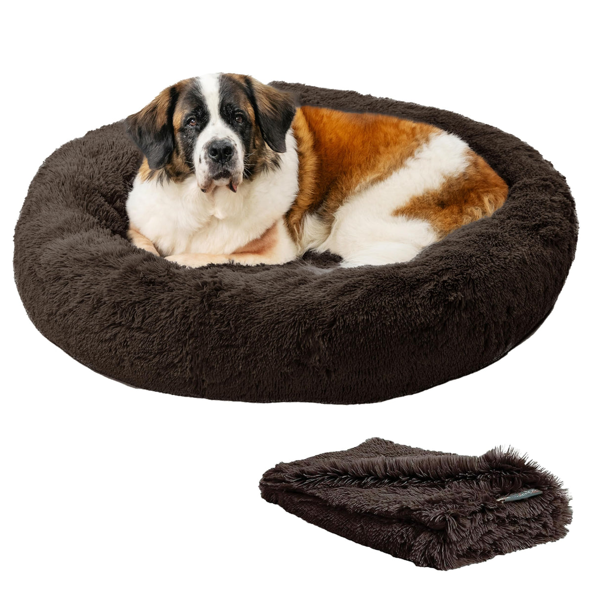 Best Friends By Sheri Bundle Set The Original Calming Shag Donut Cuddler Cat And Dog Bed + Pet Throw Blanket Dark Chocolate Extr