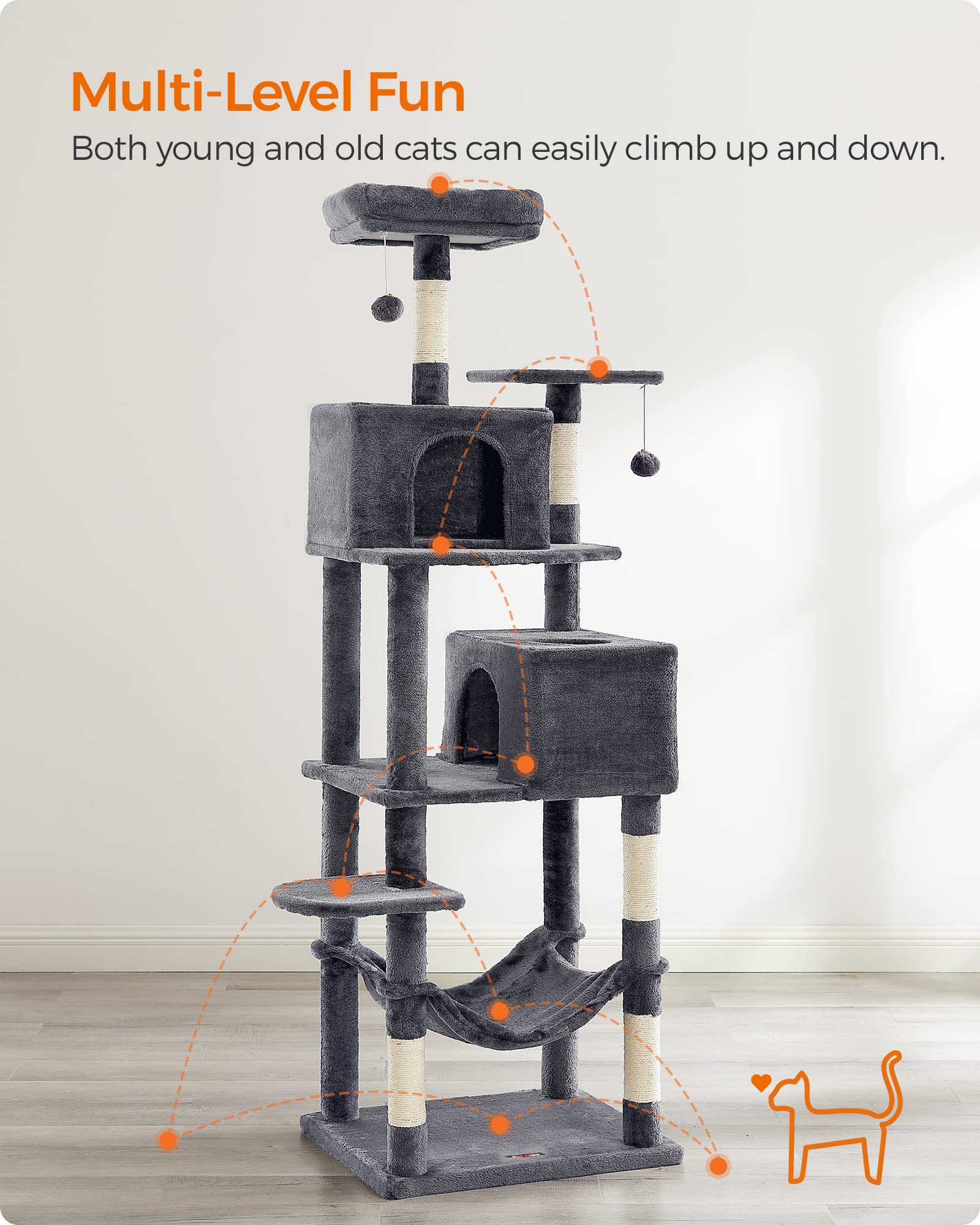 Feandrea Cat Tree, 75.2-Inch Cat Tower For Indoor Cats, Plush Multi-Level Cat Condo With 5 Scratching Posts, 2 Perches, 2 Caves, Hammock, 2 Pompoms, Smoky Gray Upct191G01