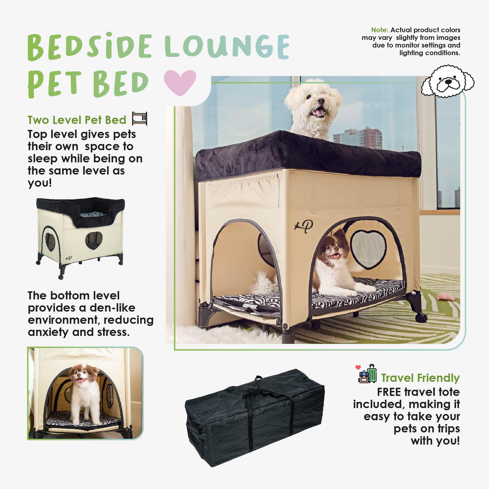 Petique Bedside Lounge Pet Bed, Raised Bunk Bed For Medium Size Pets For Cats & Dogs, Zebra Vibes Design