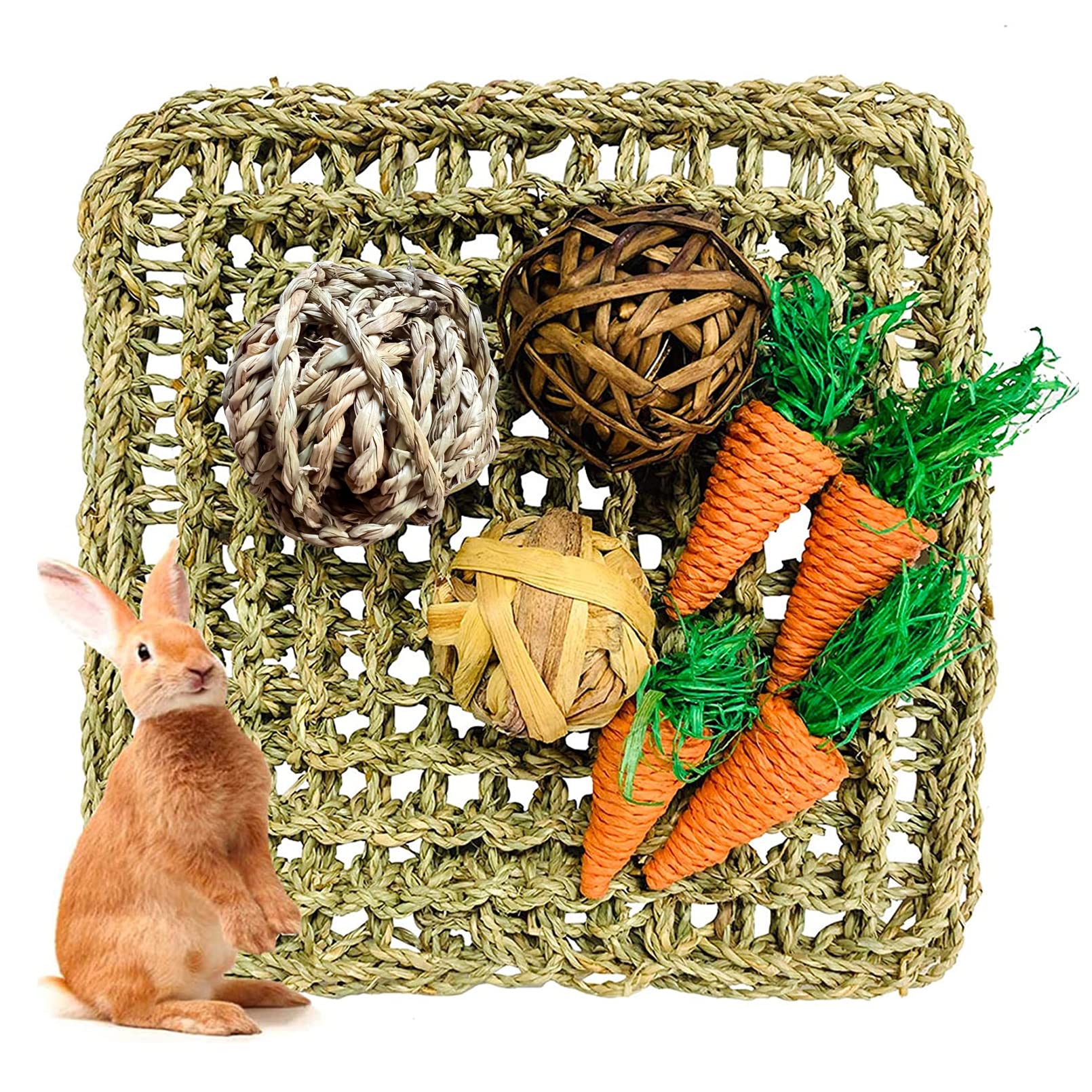 Hamiledyi Rabbit Seagrass Mat Activity Mat Bunny Chew Toy Small Animal Activity Play Ball Carrot Toy for Hamster Guinea Pigs Ger