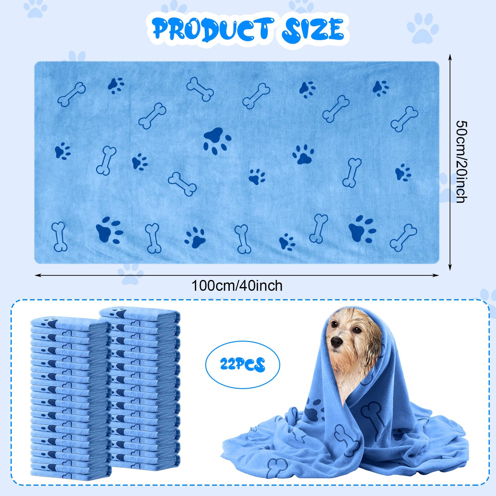 Tatuo 22 Pcs Dog Towels for Drying 20 x 40 Inch Pet Bath Towels Absorbent Microfiber Towel Quick Drying Puppy Bathing Supplies f