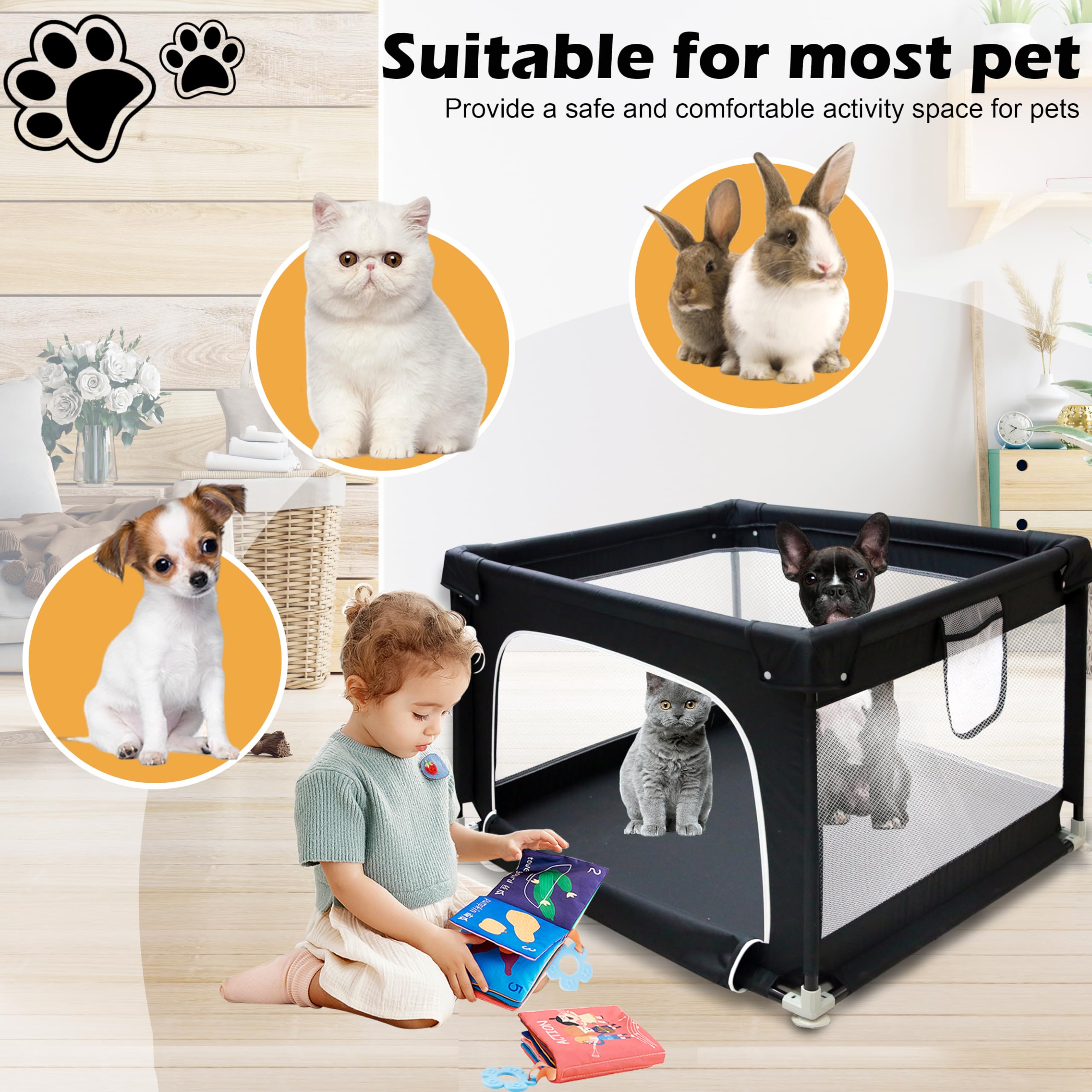 Goldshire Dog Playpen, 35.5X35.5X24.5 Inches Foldable Portable Puppy Playpen With Gate, High-Strength Breathable Fabric Mesh,Dog
