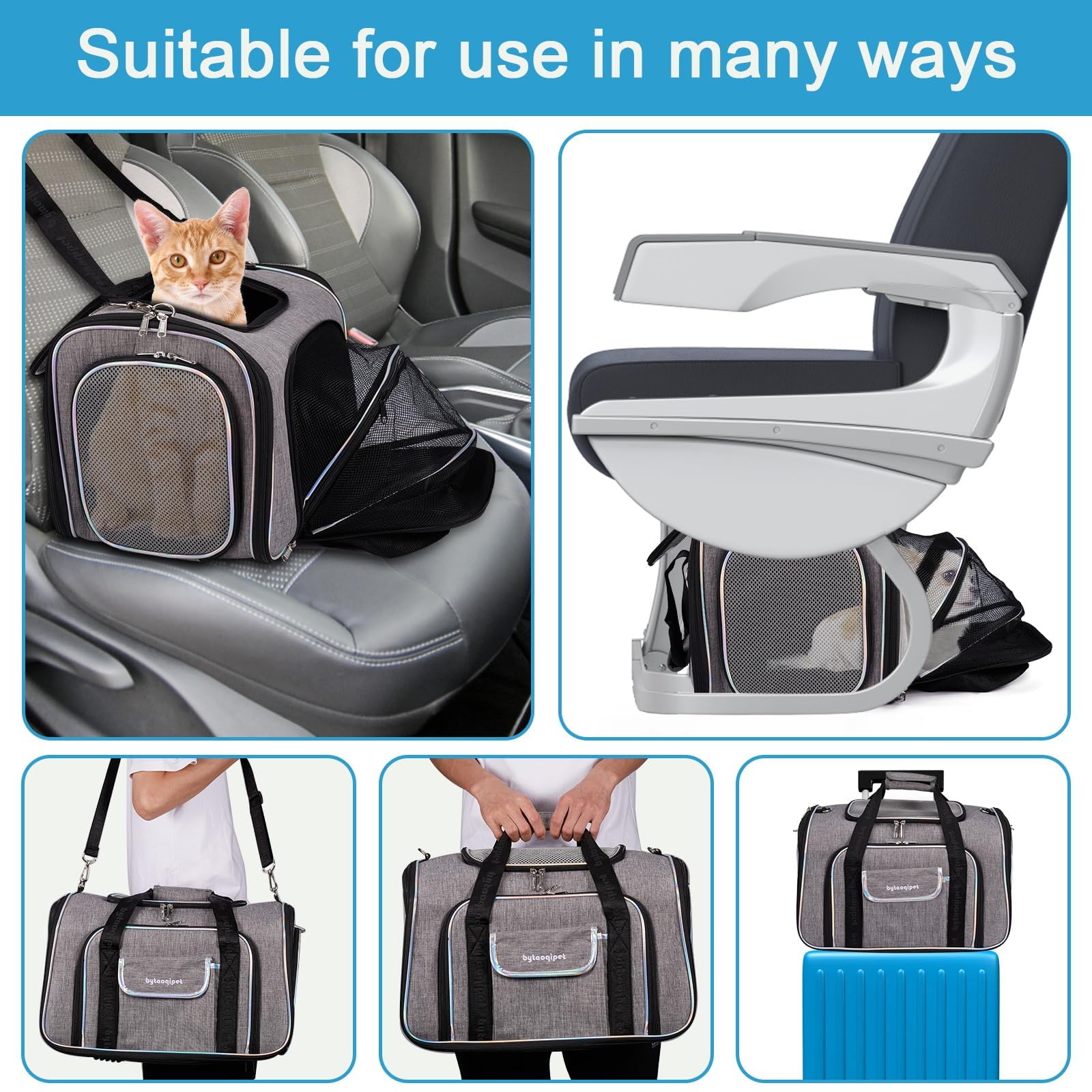 4 Sides Expandable Cat Travel Bag Airline Approved Collapsible Cat Soft-Sided Carriersexpandable Pet Carrier，Folding Soft Sided Transport Tote Bag For Kittens,Dog & Small Animals、Removable Fleece Pad