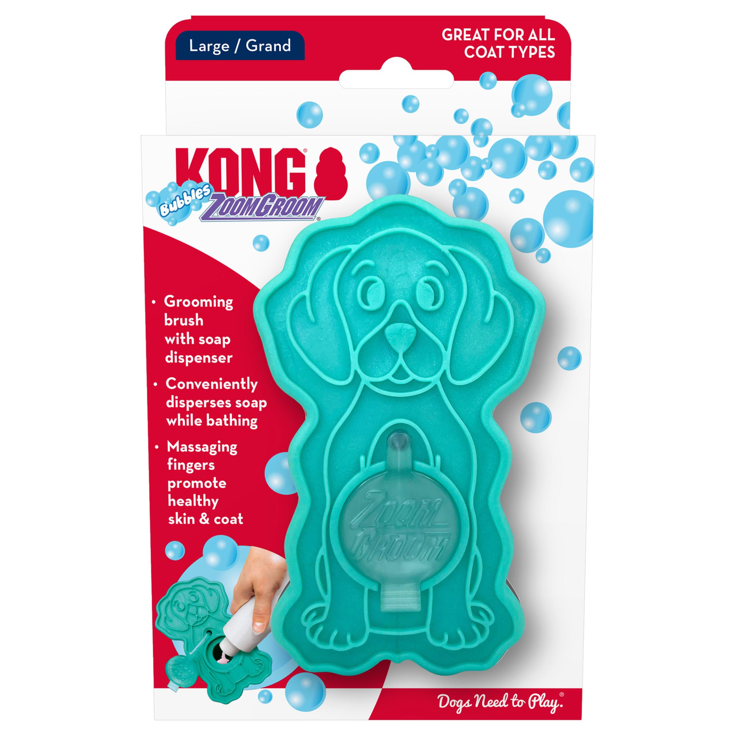 KONG ZoomGroom Bubbles Dog Brush - Soap Dispensing, Massaging and Gooming Brush for Dogs, Removes Shedding Hair - Works on All C