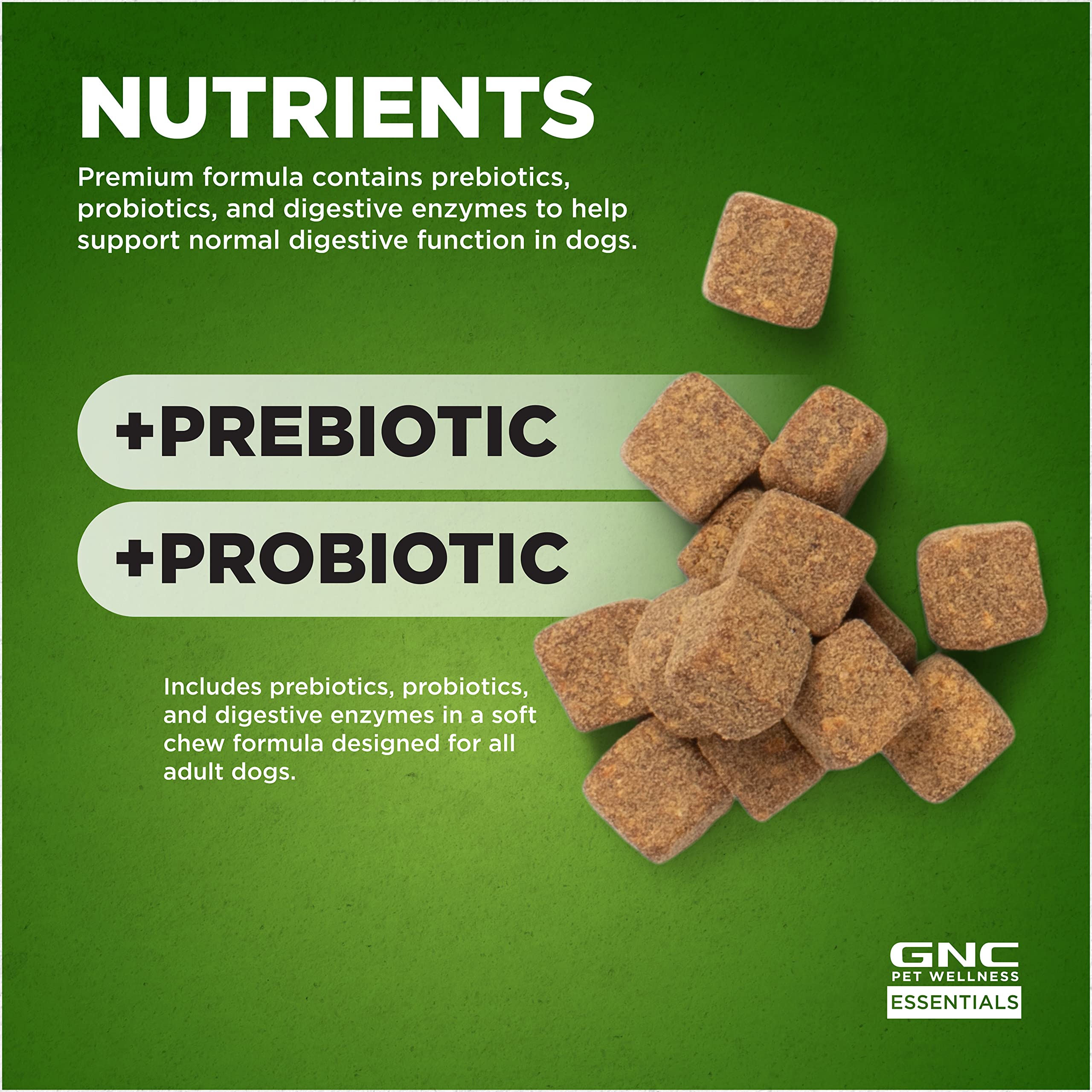 GNC Pets Essentials Digestion Dog Supplements, Probiotic Support Soft Chews in Bacon Flavor for Dogs, Daily Digestion Aid in Reu