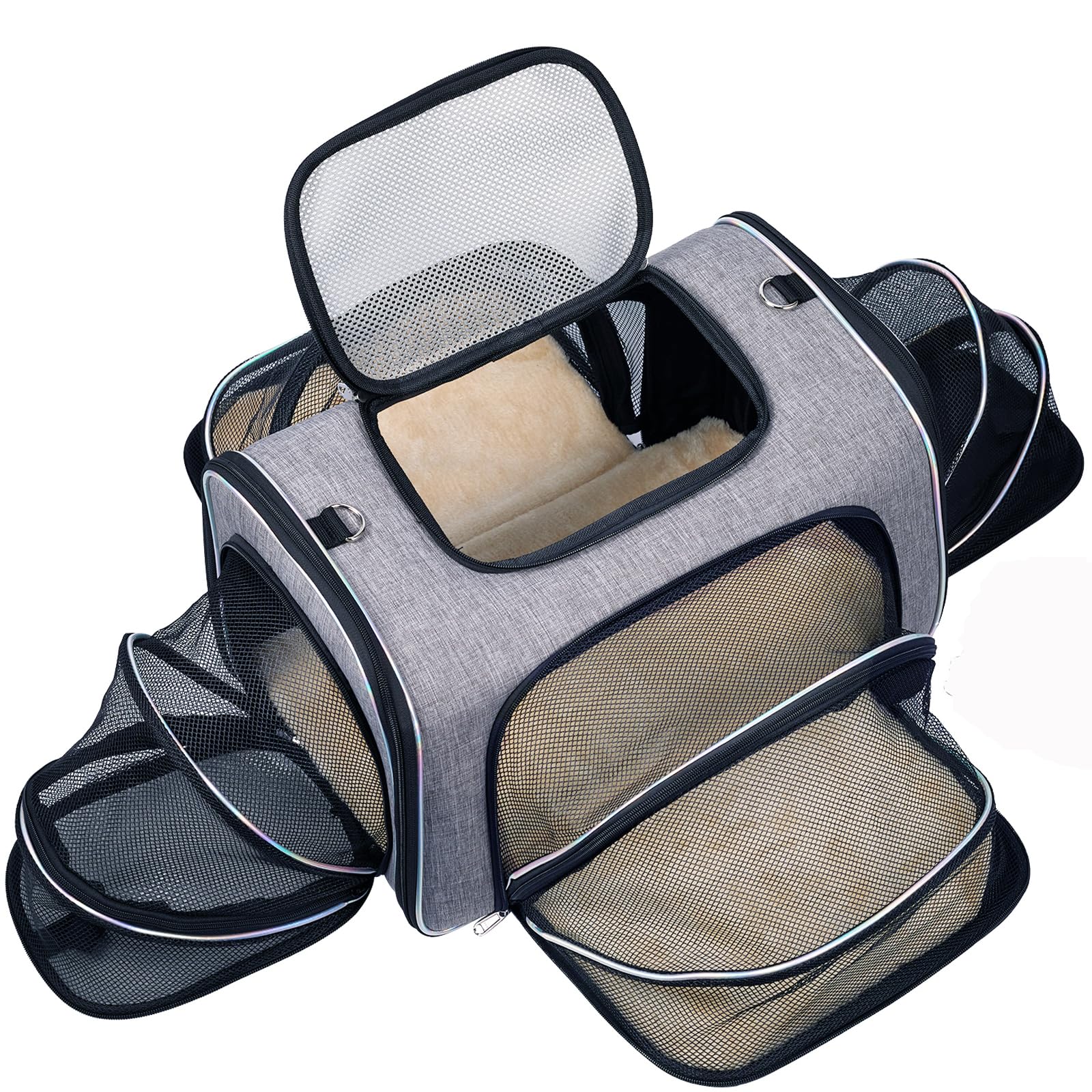 4 Sides Expandable Cat Travel Bag Airline Approved Collapsible Cat Soft-Sided Carriersexpandable Pet Carrier，Folding Soft Sided Transport Tote Bag For Kittens,Dog & Small Animals、Removable Fleece Pad