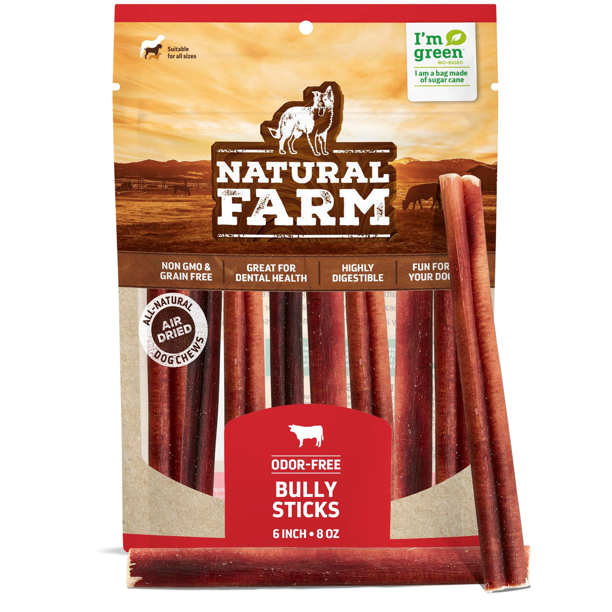 Natural Farm Odor-Free Bully Sticks (6”, 8Oz) All-Natural Long-Lasting Chews, 100% Beef Pizzle, Grass-Fed, Grain-Free, Hormone-Free, Protein For Muscle Development & Energy, Perfect For Medium Dogs