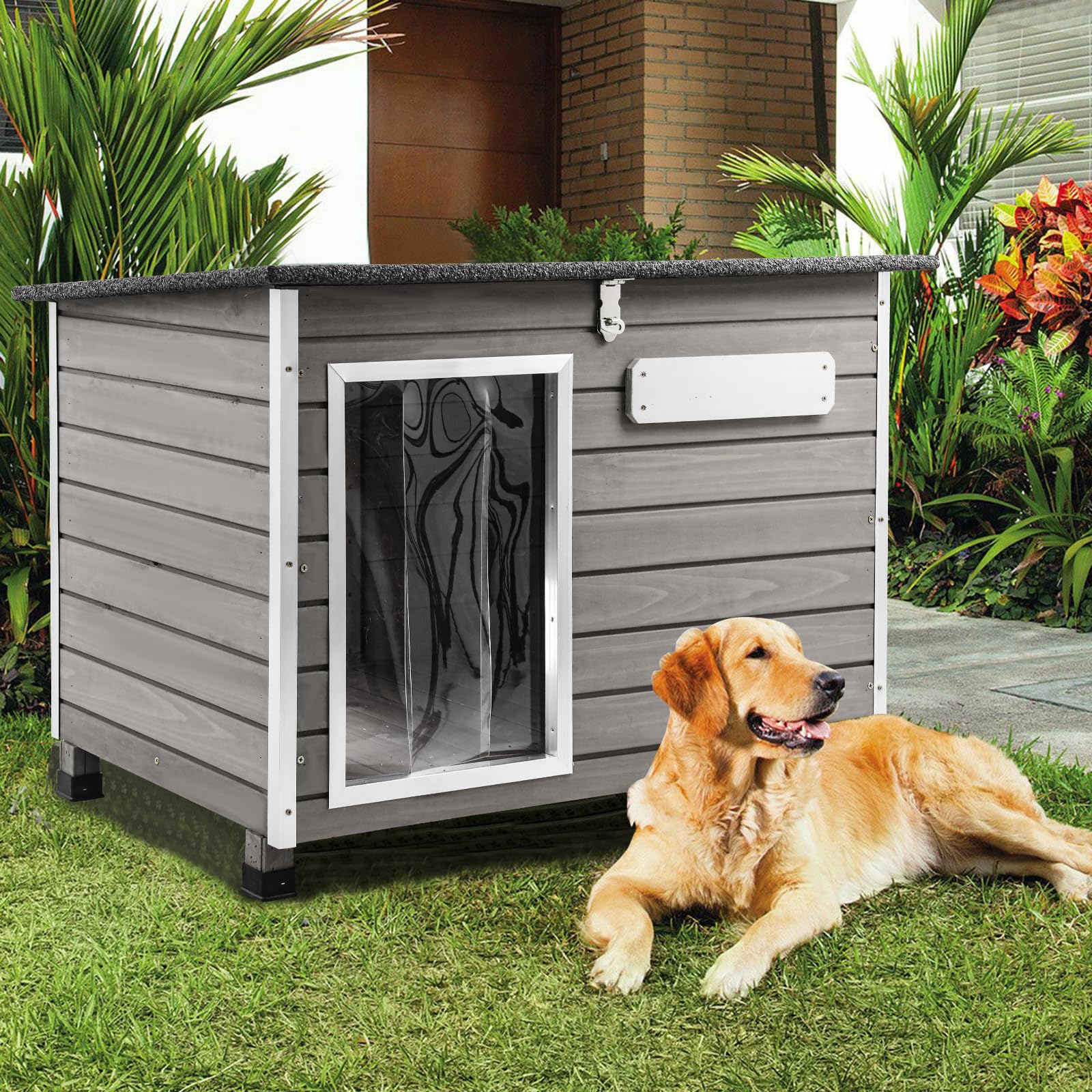 Ketive Large Dog House Outdoor Weatherproof Wooden Igloo Dog House With Raised Feet For Small To Large Dogs, Dog Houses Breed Wi