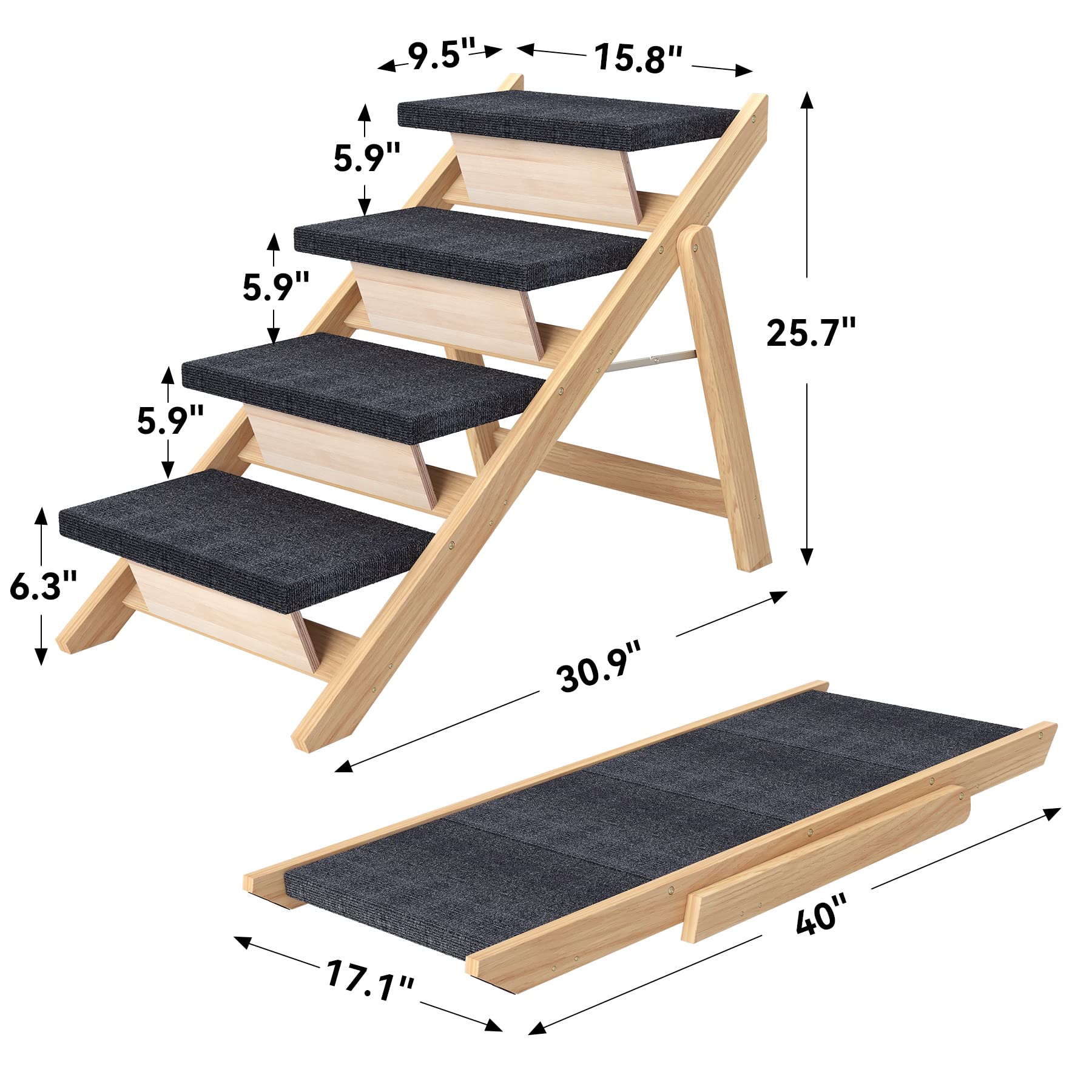 Runlexi Pet Stairs/Steps, Large Dogs Steps For High Beds, Sofa, Couch, Car, 2-In-1 Foldable Wood Dog Ramp With Non-Slip Pads, Sa