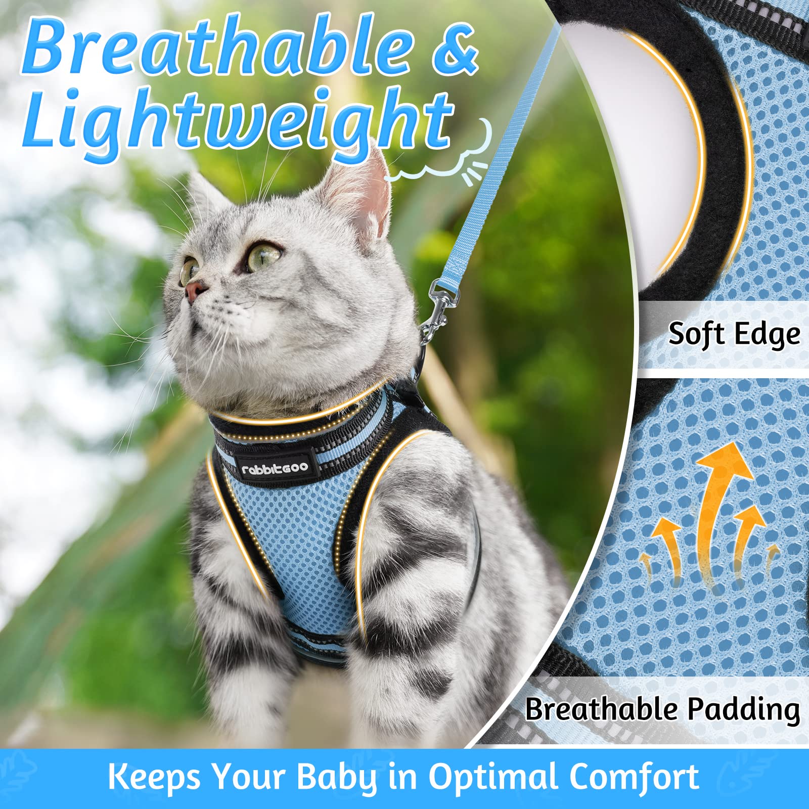 Rabbitgoo Cat Harness And Leash Set For Walking Escape Proof, Adjustable Soft Kittens Vest With Reflective Strip For Cats, Comfortable Outdoor Vest, Light Blue, L