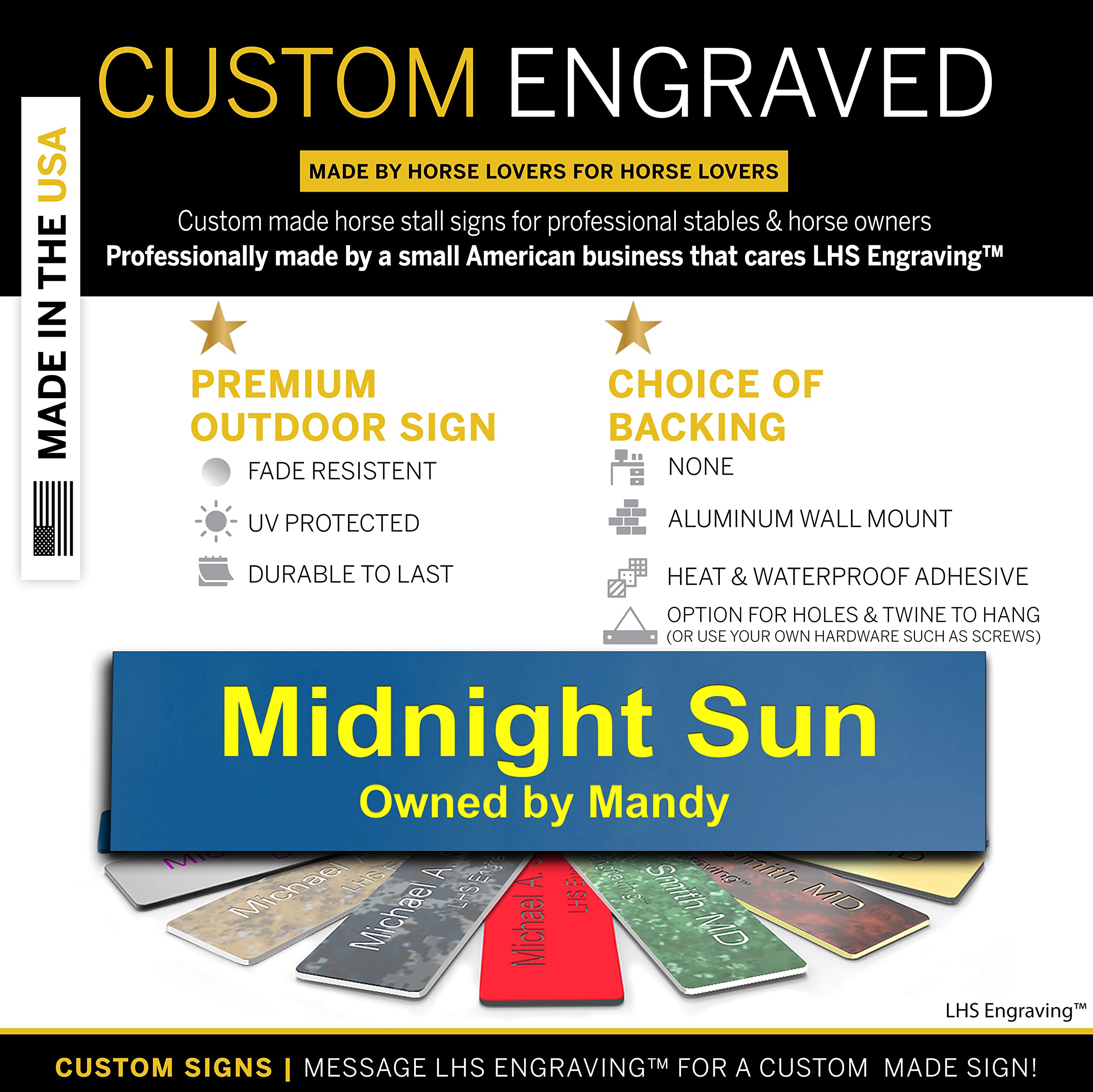 Lhs | Horse Stall Name Plate, 2X12 Personalized Stall Signs, Uv Protected, All Weather Adhesive, Hanging, Mounting Or Other, Blu