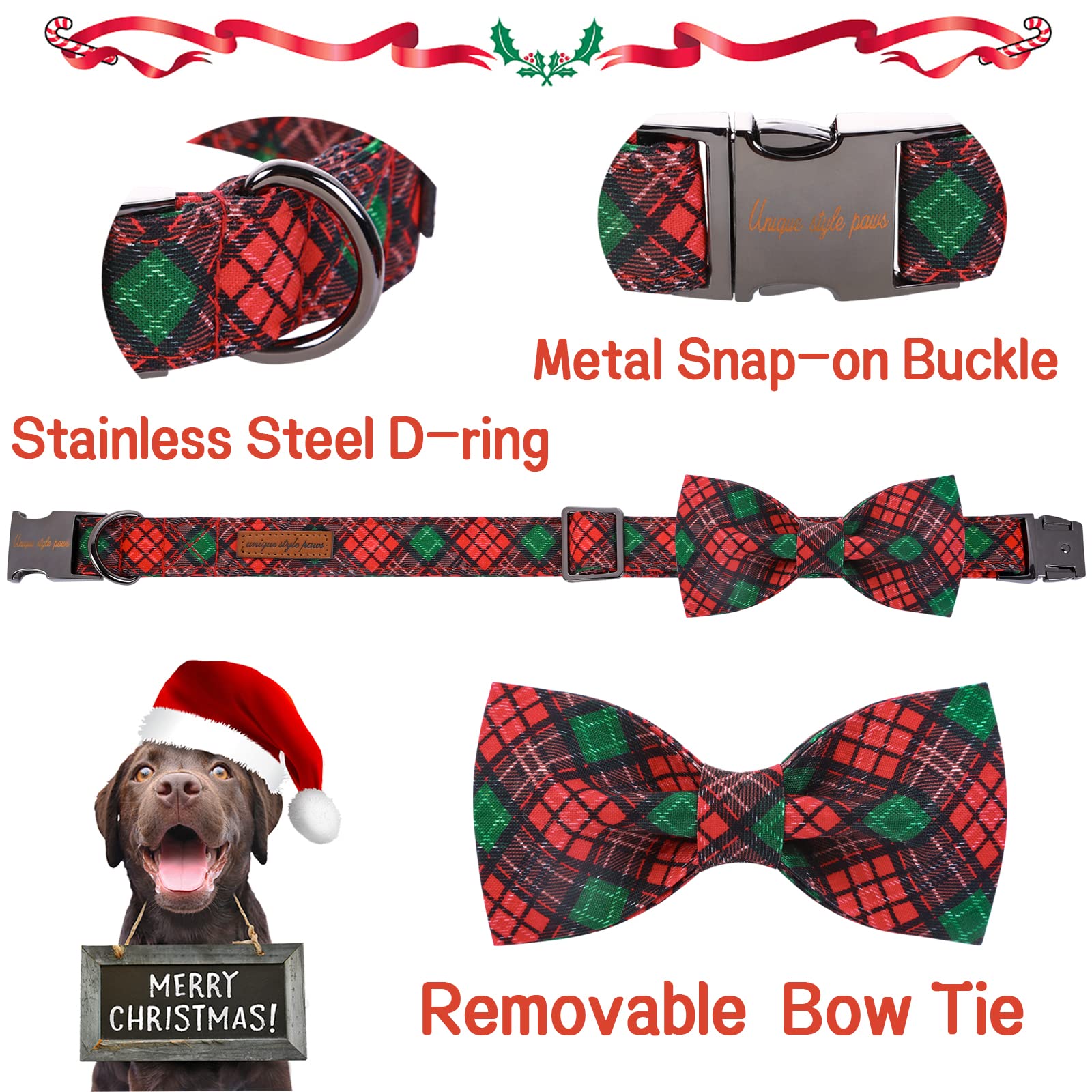 Unique Style Paws Christmas Dog Collar With Bow Tie Red Green Plaid Adjustable Cotton Puppy Collar For Small Medium Large Dogs-L