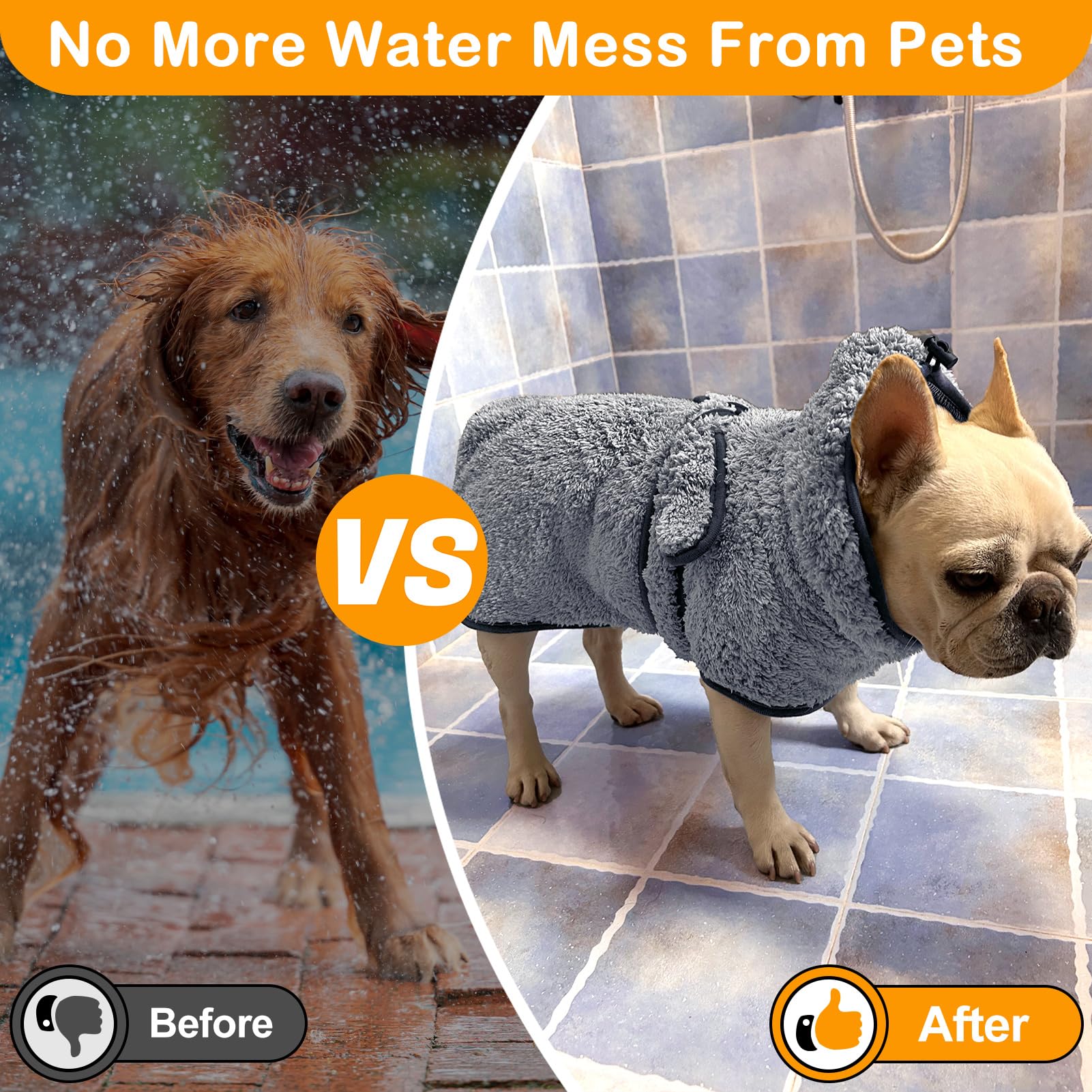 Bienbee Soft Dog Bathrobe,Super Absorbent & Quick-Drying Dog Robe With Hood, Cozy Drying Coat For After Bath, Grey L