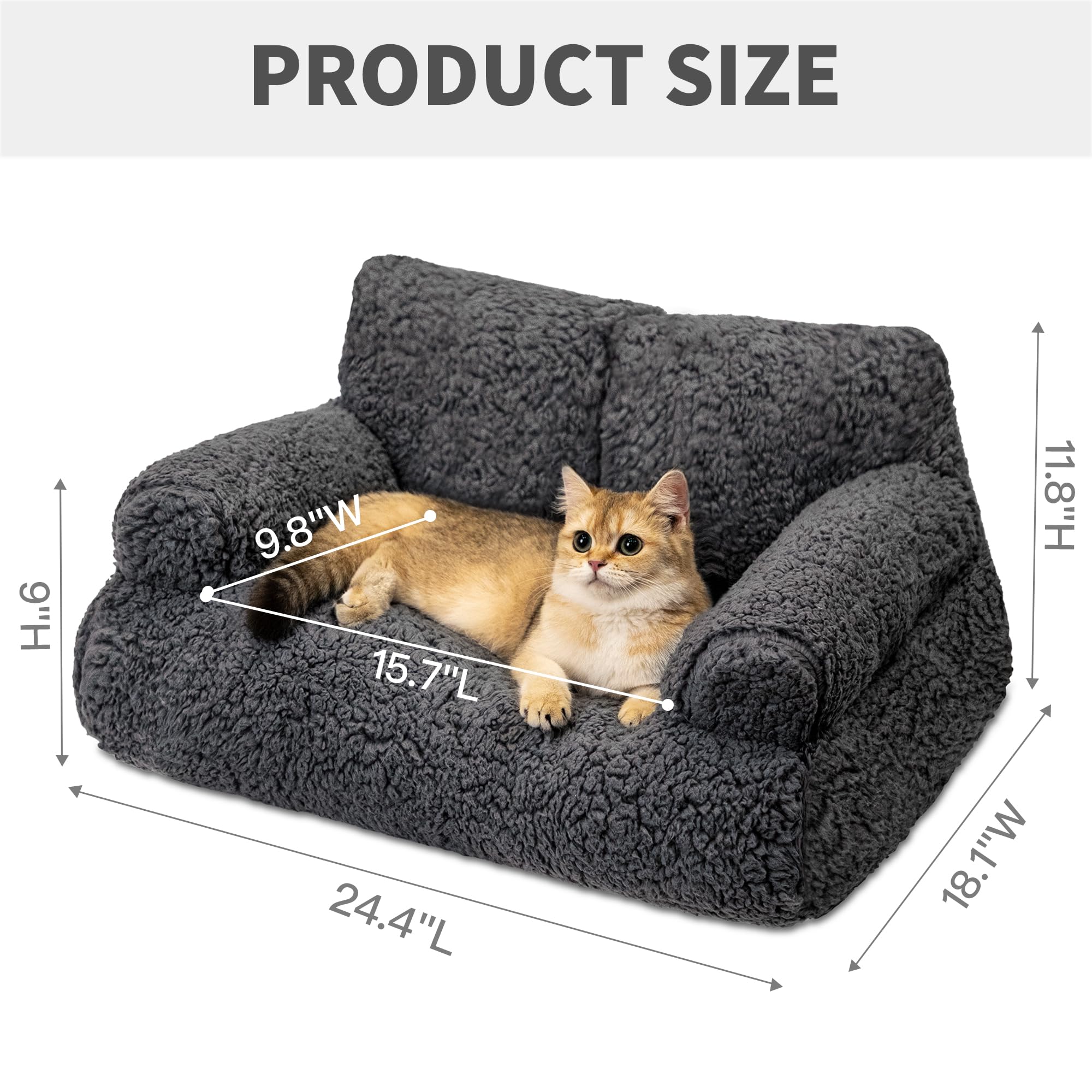 Famidge Sherpa Cat Couch, Washable Cat Bed For Indoor Cats, Calming Dog Couch For Medium Small Dogs & Cats Up To 20Lbs, Dog Gray