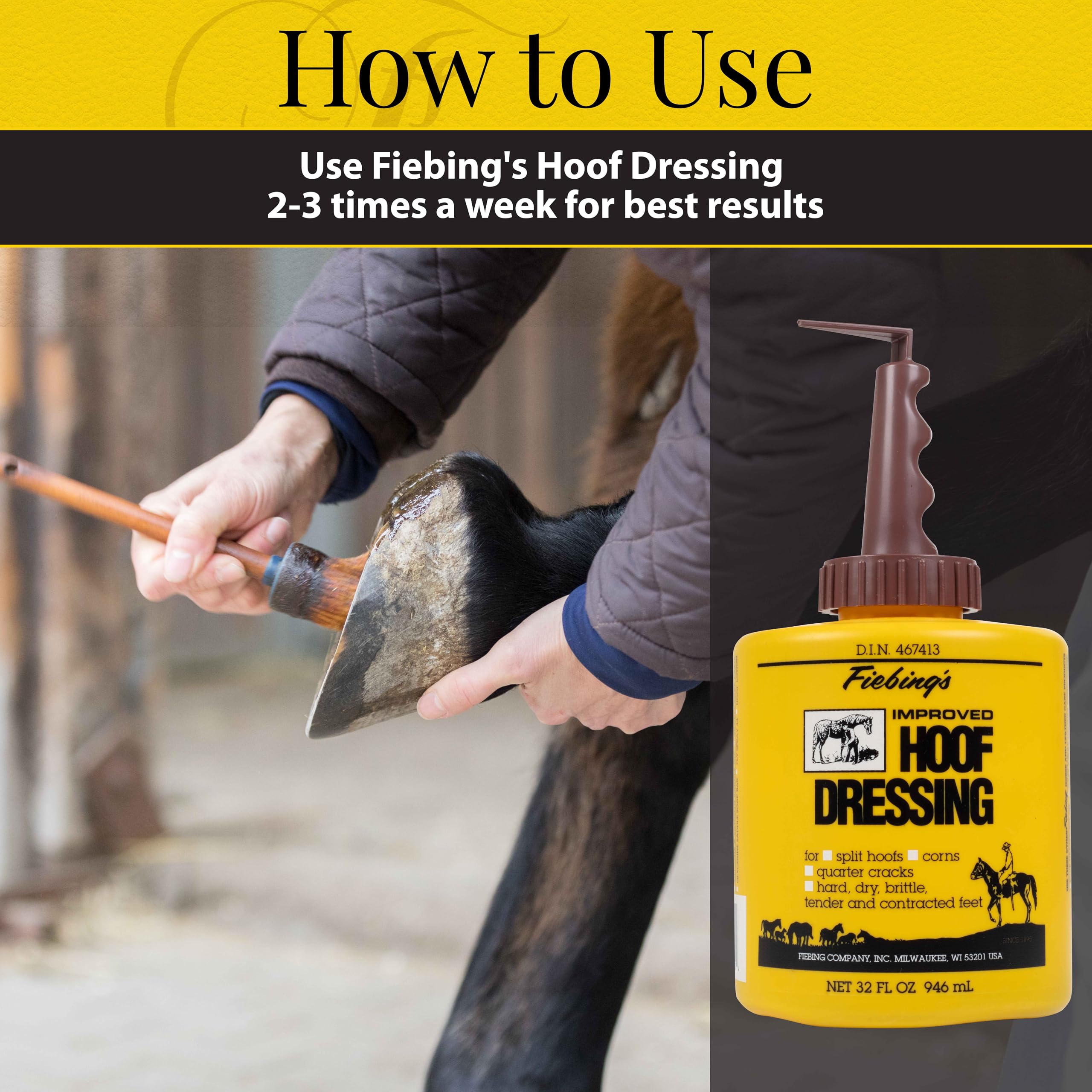 Fiebings Hoof Oil for Horses With Mineral Oil (32 oz) - Hoof Dressing With Applicator Brush to Condition Dry, Split Hooves & Co