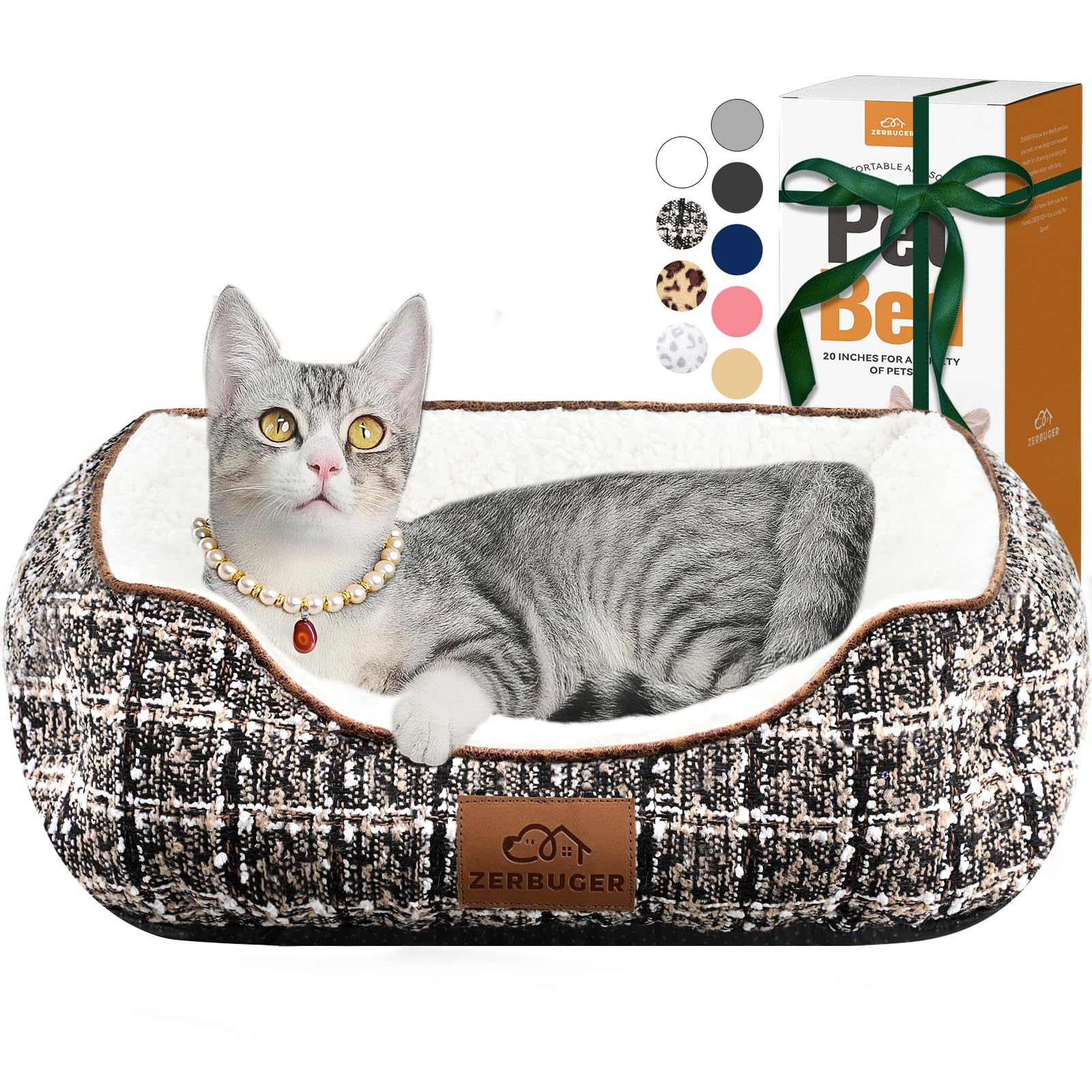 Zerbuger Tweed Rectangle Cat Dog Bed For Medium Small Pets Indoor Outdoor Machine Washable Sleeping Sofa Non-Slip Bottom Soft Pu