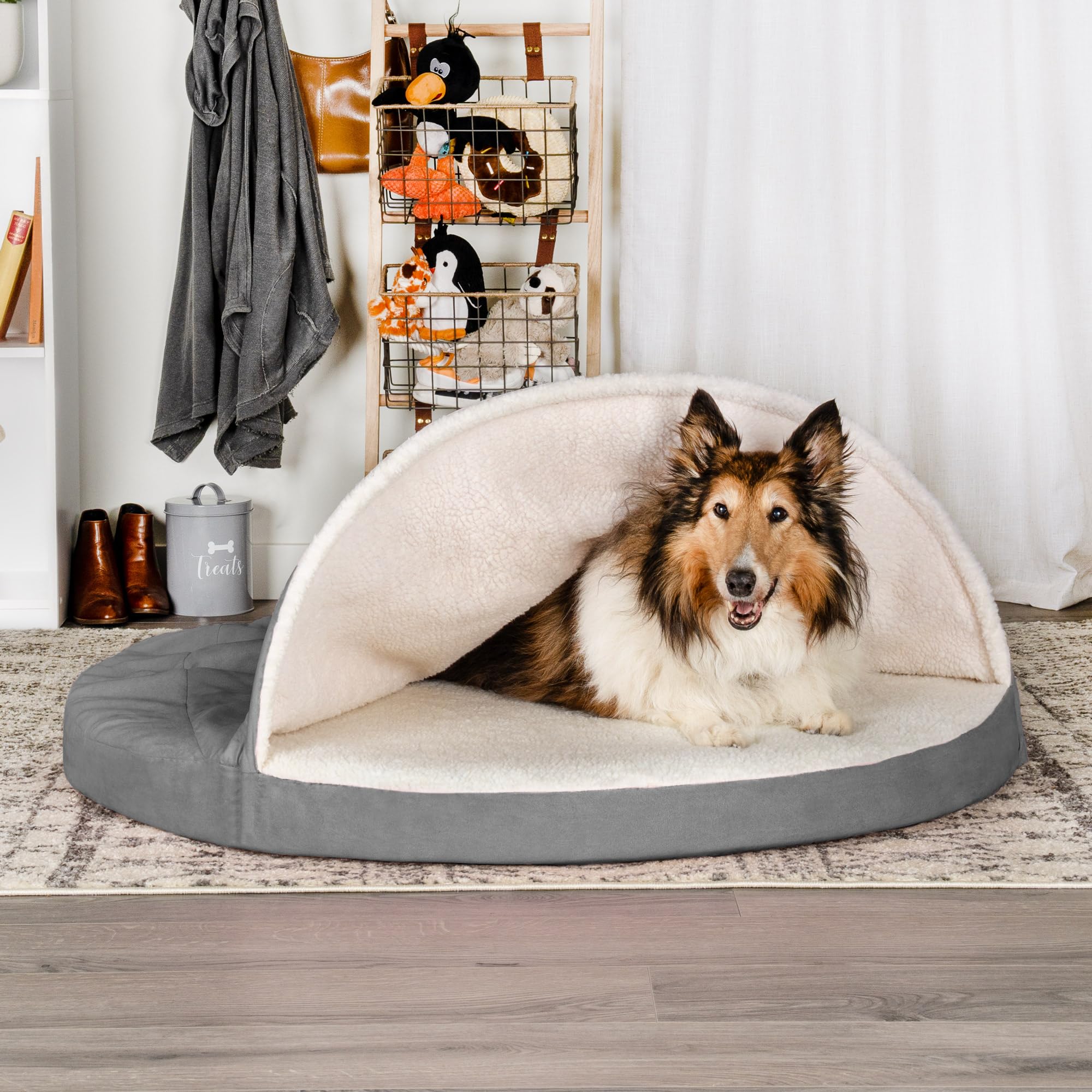 Furhaven 44 Round Cooling Gel Dog Bed for Large Dogs w/ Removable Washable Cover, For Dogs Up to 80 lbs - Sherpa & Suede Snugger