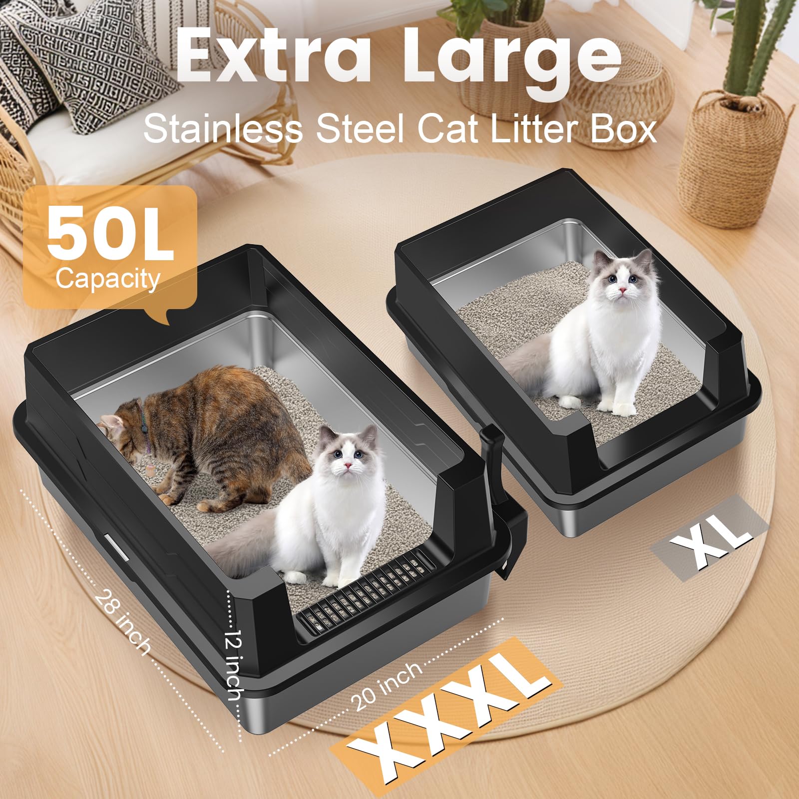 Xxxl Stainless Steel Litter Box,Extra Large 28'' L X 20'' W Metal Litter Box For Big Cats & Multiple Cats With High Sided, Anti-
