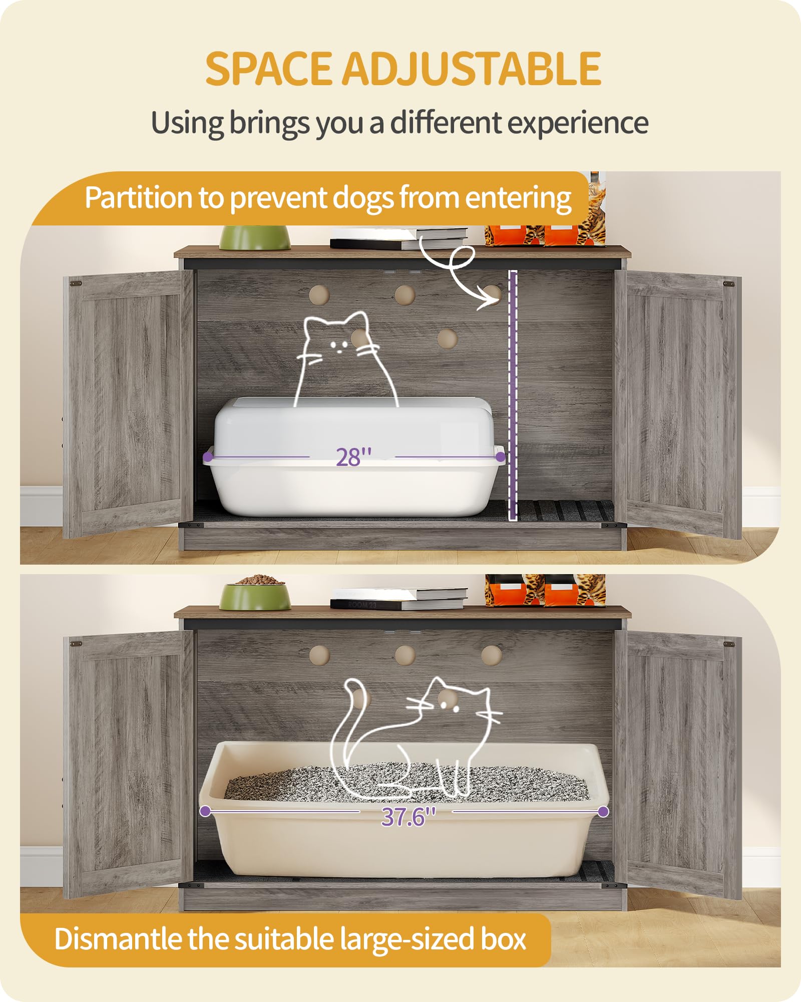 Hzuaneri Cat Litter Box Enclosure with Cushion, Hidden Litter Box Furniture with Removable Dividers, Reversible Entrance Left or